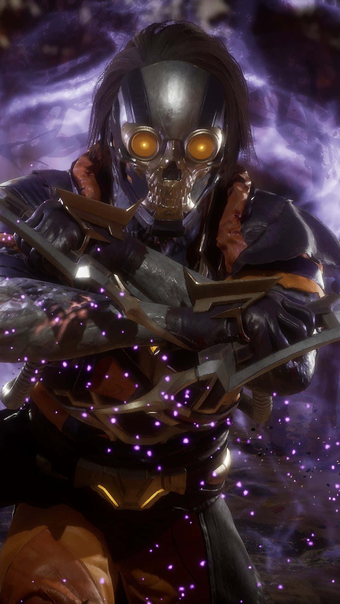 Mortal Kombat Kabal 桌布 壁紙 — 一名戴面具的戰士，擁有發光的橙色眼睛和紫色能量粒子，在風暴般的宇宙背景下揮舞著未來武器。
