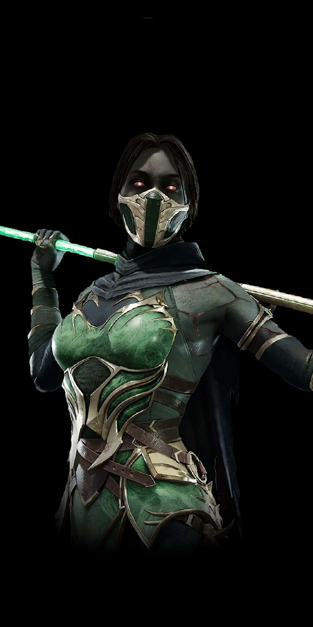 Mortal Kombat Characters 桌布 壁紙 — 一名戴面具的戰士，身穿綠色和金色盔甲，在黑色背景前手持發光法杖。
