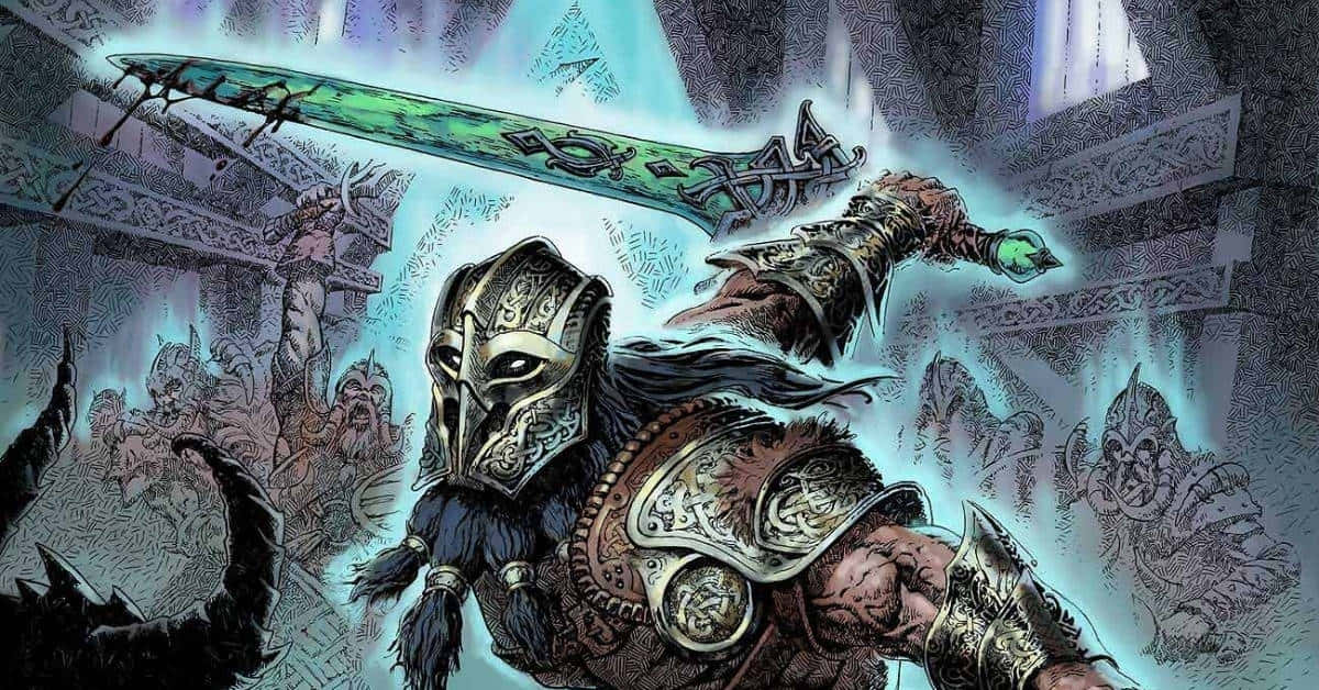 戰士 桌布 壁紙 — 一名戴面具的戰士在哥德式大教堂中與惡魔生物戰鬥時揮舞著發光的綠色劍。