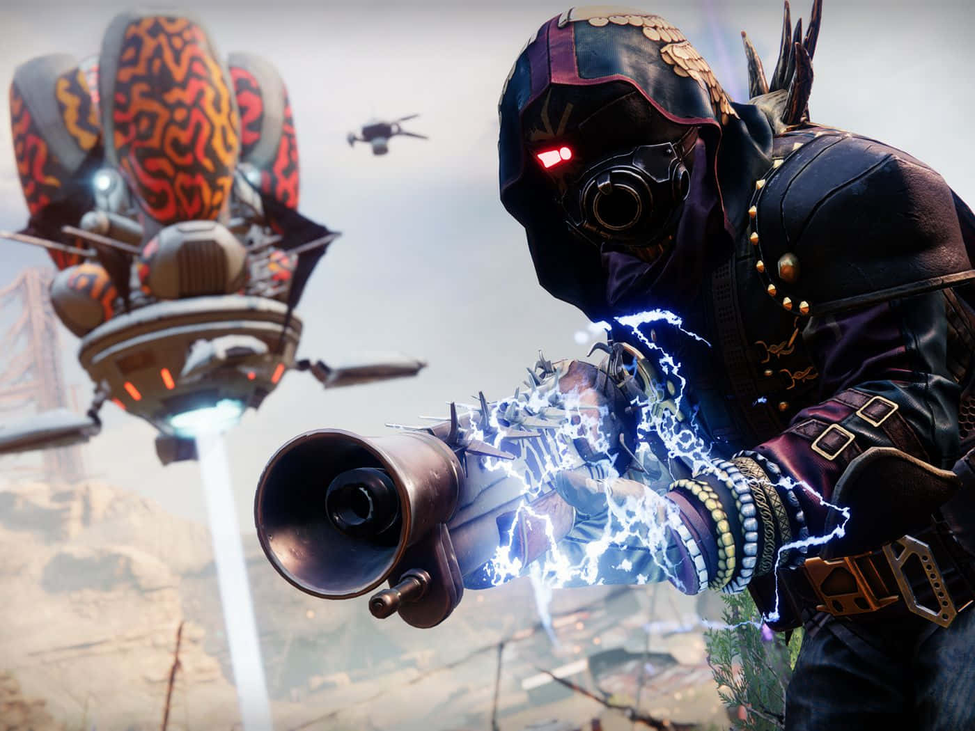 Best Destiny 2 桌布 壁紙 — 一名戴面具的戰士在未來沙漠戰場上向懸浮的華麗飛船發射閃電武器。