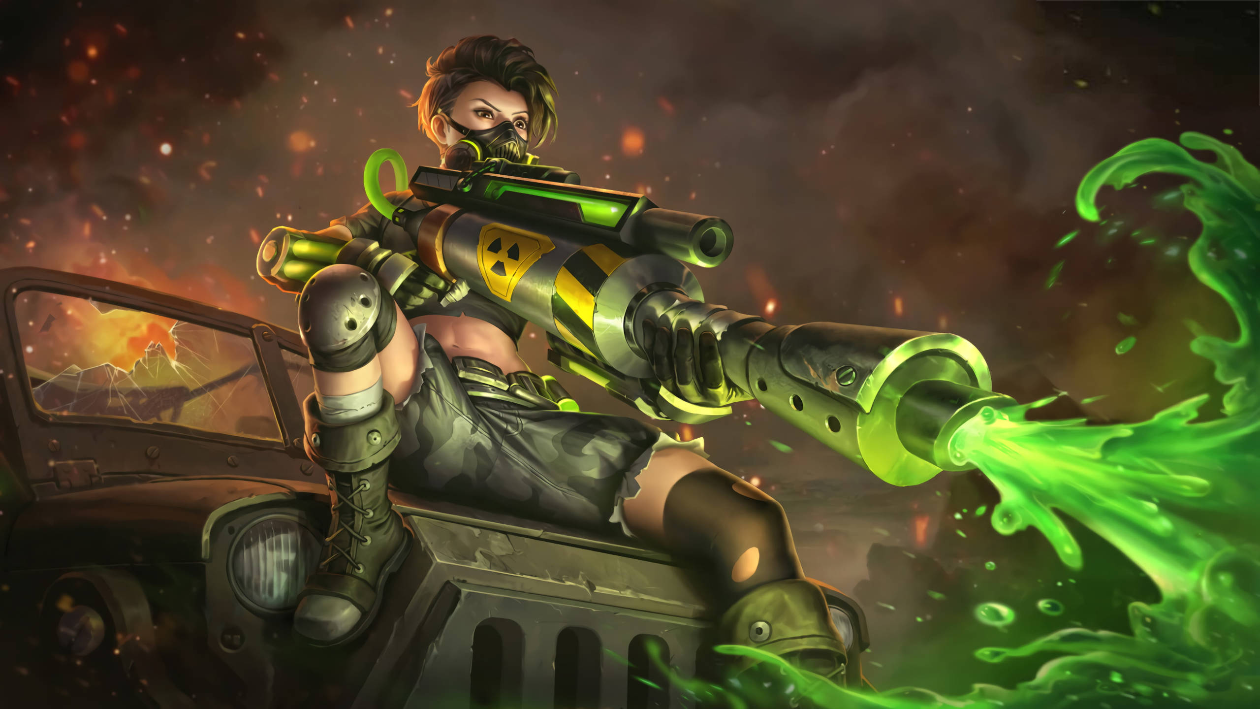 Mobile Legends 動態圖 桌布 壁紙 — 一名戴面具的戰士在烈火末日景觀中，從一輛廢棄車輛頂部發射發光的綠色武器。