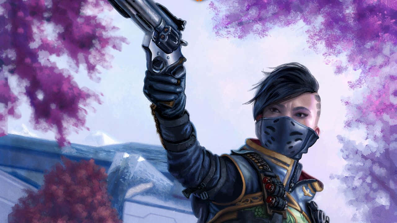 720p Call Of Duty Black Ops 4 桌布 壁紙 — 一名戴面具的戰士在紫色花樹和雪山背景下舉起左輪手槍。