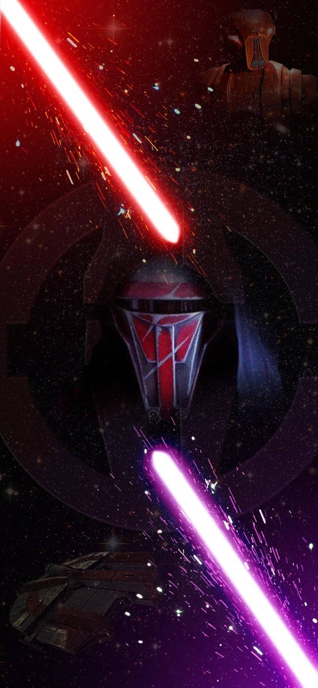 Lightsaber 桌布 壁紙 — 一名戴面具的戰士手持紅色和紫色光劍，在星空背景下與星際毀滅者戰鬥。