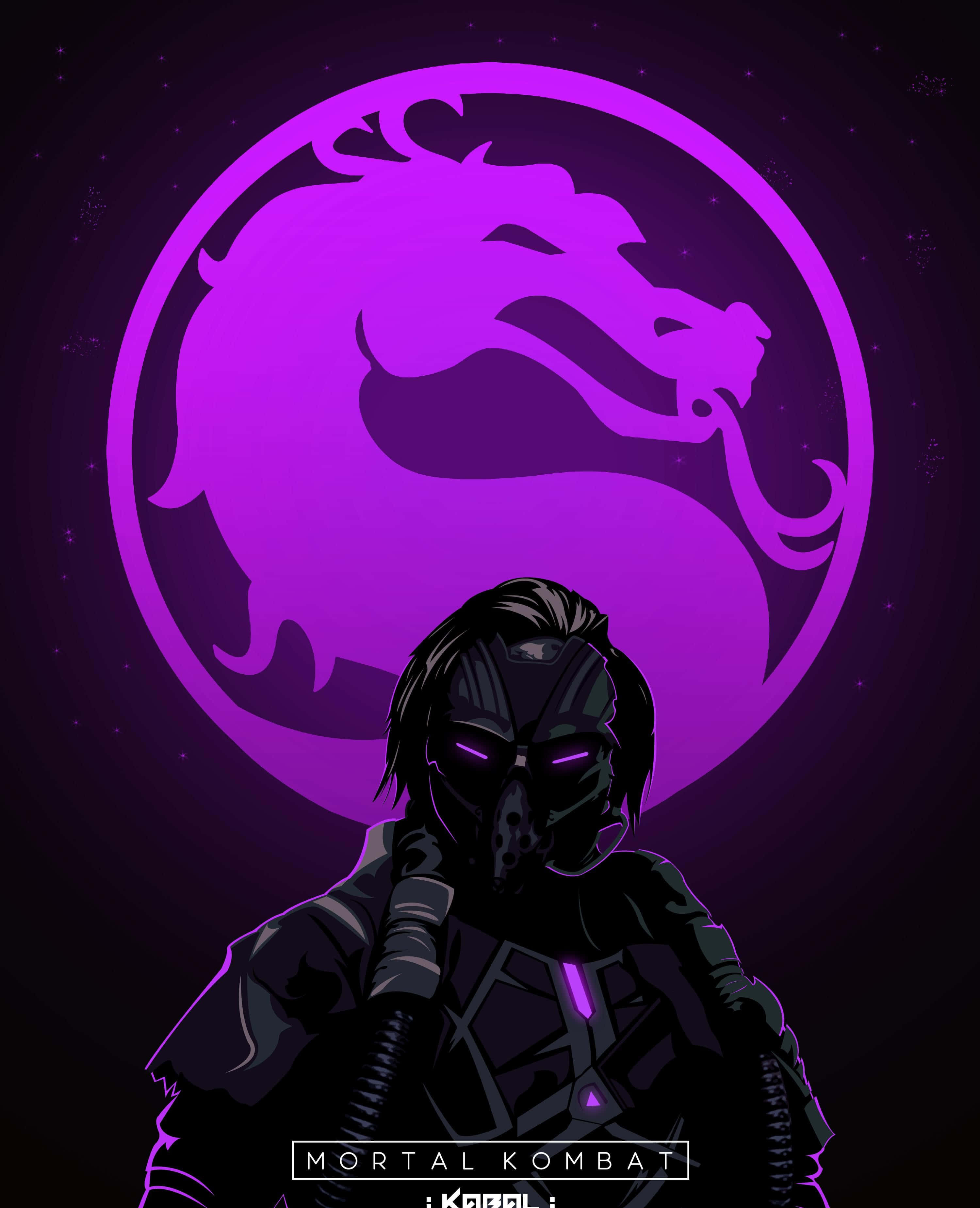 Mortal Kombat Kabal 桌布 壁紙 — 一名戴面具的戰士站在發光的紫色龍徽章前，背景是星空夜空。