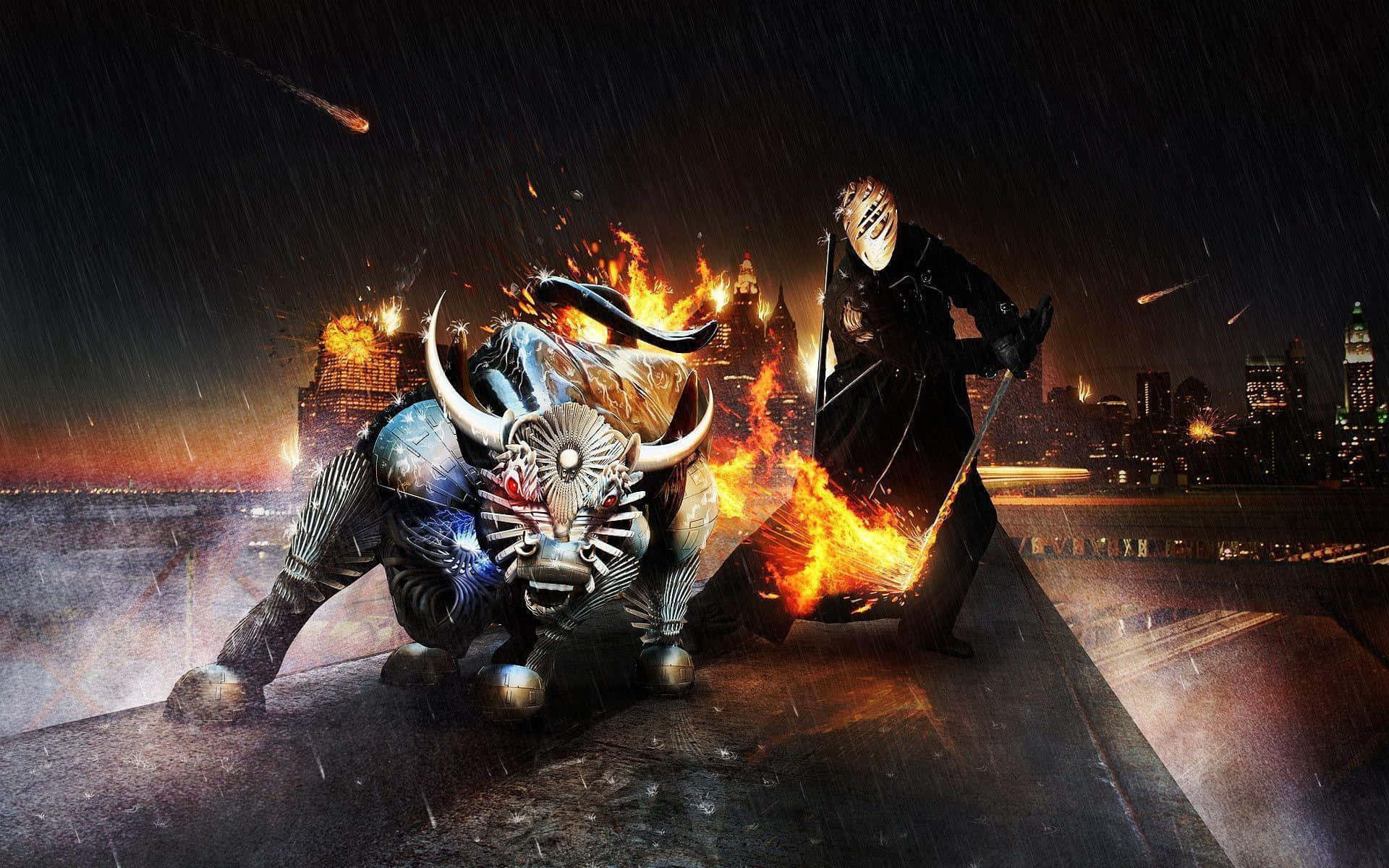 Bull Rider 桌布 壁紙 — 一名戴面具的戰士與一頭裝甲公牛在雨濕的屋頂上激烈交戰，背景是夜晚燃燒的城市天際線。