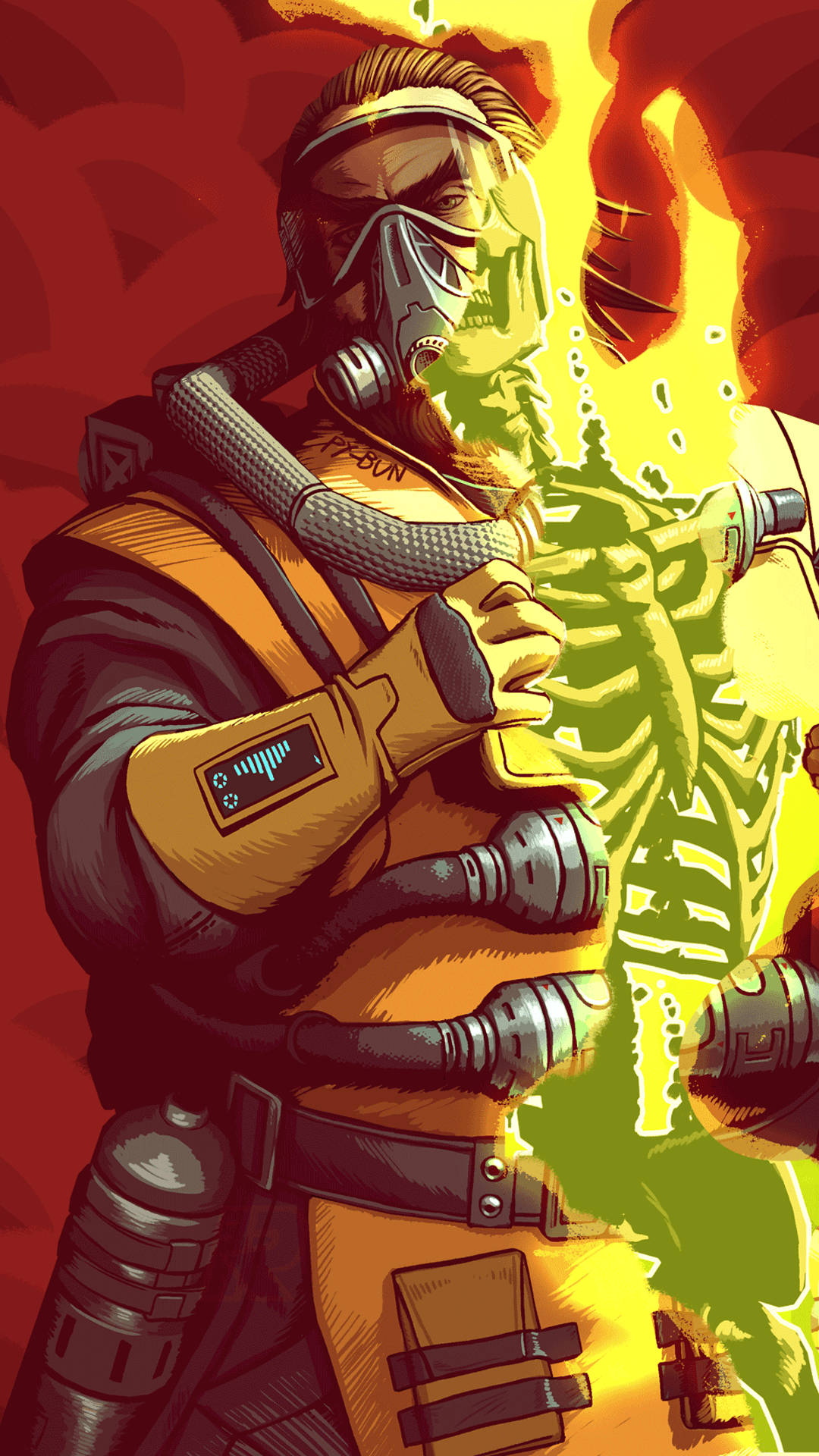 Apex Legends Mobile 桌布 壁紙 — 一名戴面具的戰士身穿橙色盔甲，在火紅背景下從骷髏核心引導發光的綠色能量。