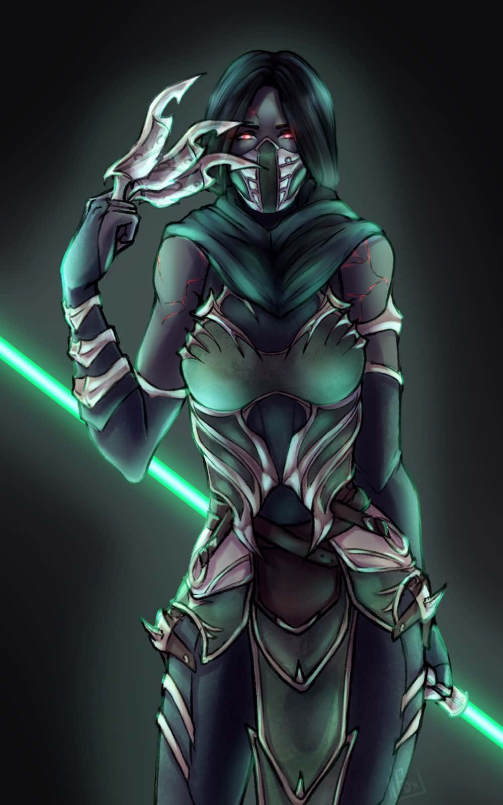 Mortal Kombat Jade 桌布 壁紙 — 一名戴面具的戰士身穿深綠色盔甲，在陰暗背景下揮舞著發光的綠色刀刃。
