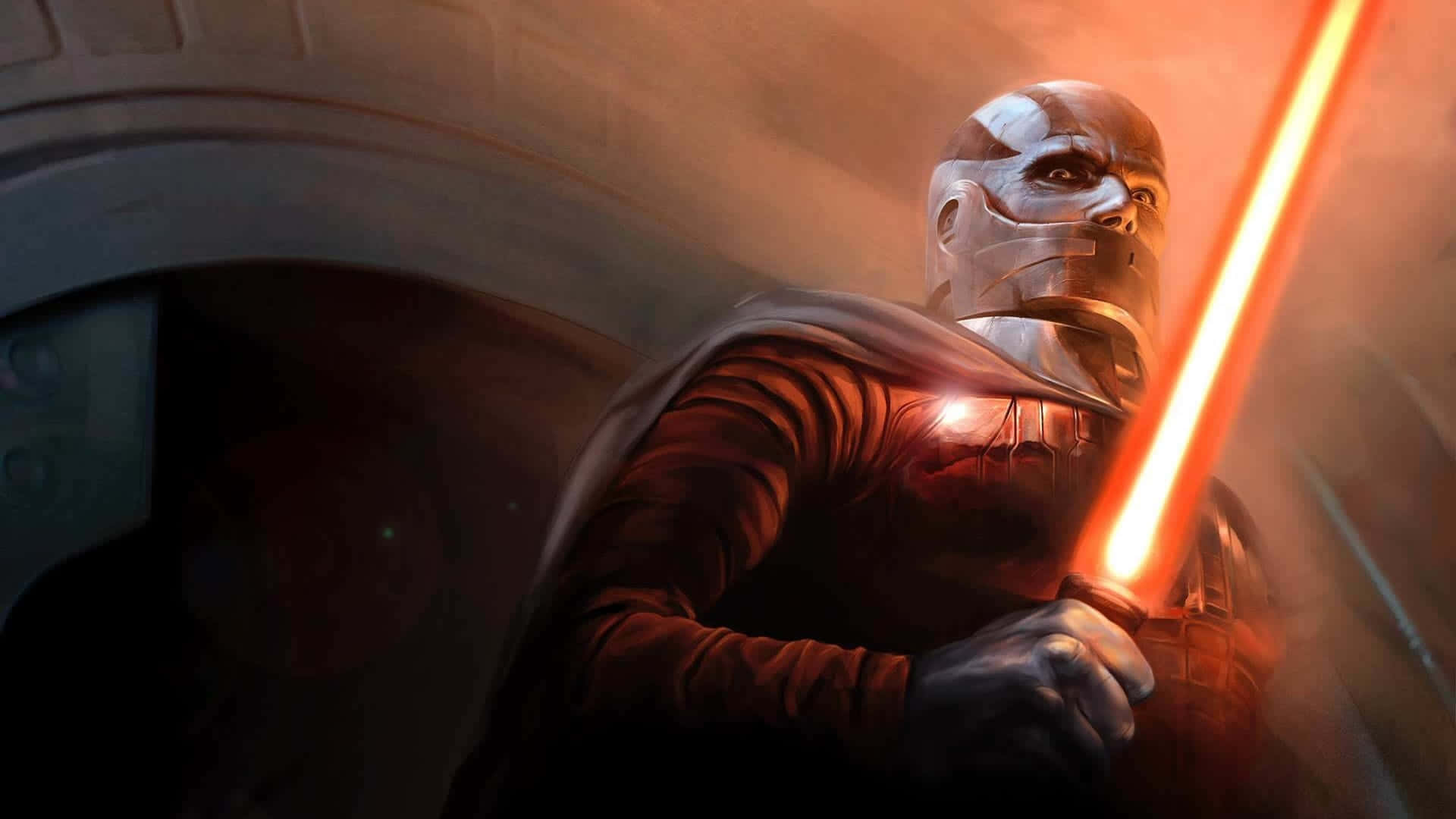 Jedi Knight 桌布 壁紙 — 一名戴面具的戰士身穿深色長袍，在昏暗的走廊中揮舞著發光的橙色光劍。