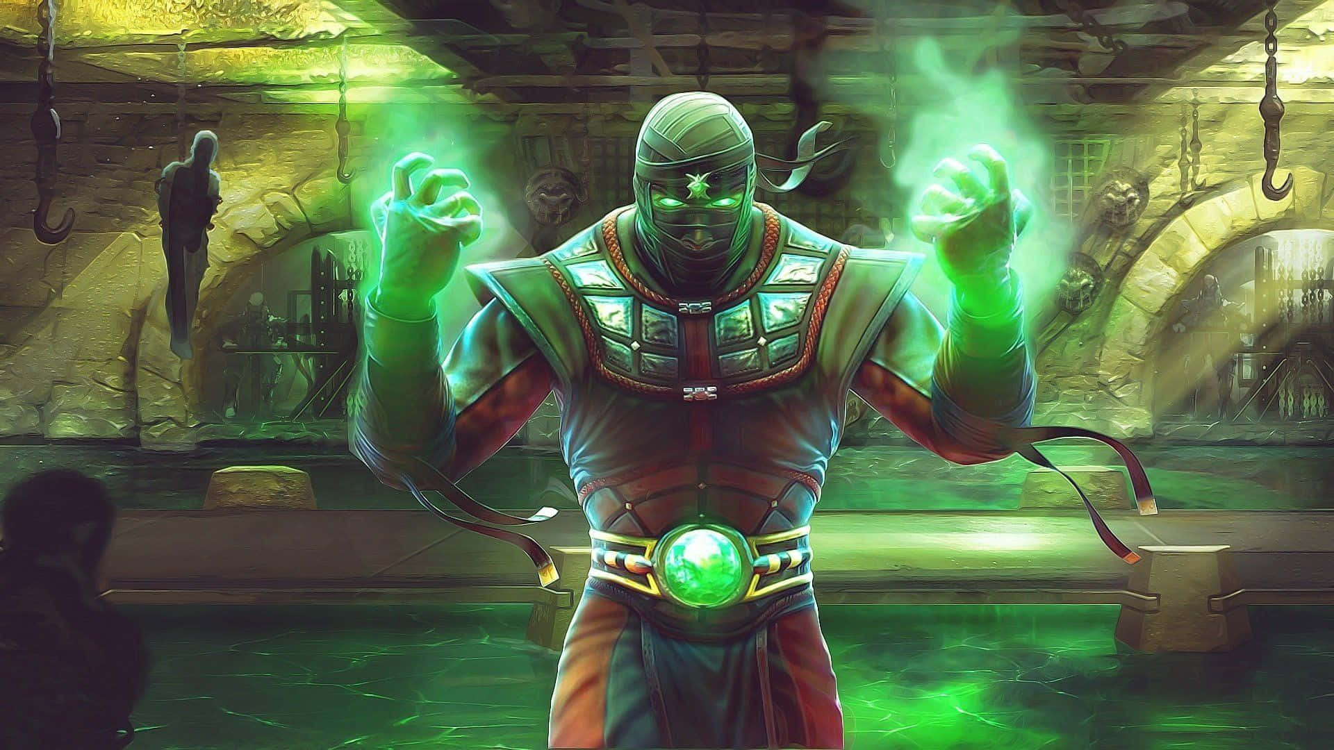 Mortal Kombat Reptile 桌布 壁紙 — 一名戴面具的戰士身穿華麗盔甲，在一個掛有鉤子和石牆的昏暗地牢中引導發光的綠色能量。