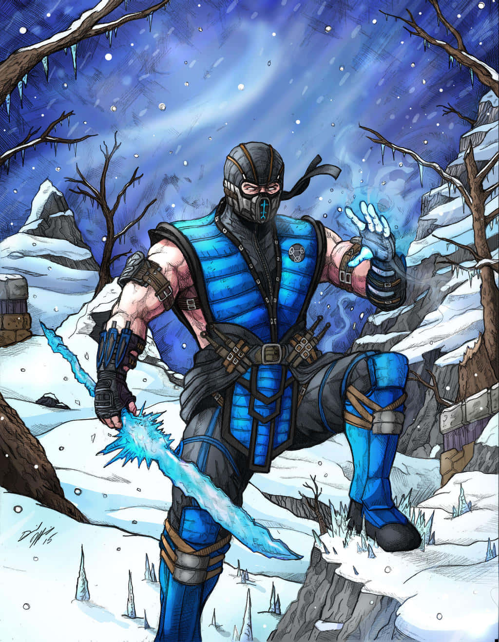 Mortal Kombat Sub-zero 桌布 壁紙 — 一名戴面具的戰士身穿藍色鎧甲，站在雪地森林中，在星空下揮舞冰刃。