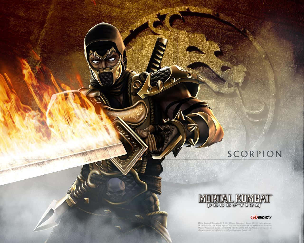 Mortal Kombat 桌布 壁紙 — 一名戴面具的戰士身穿金色盔甲，在煙霧繚繞的背景中揮舞著火焰劍，並帶有龍形徽章。