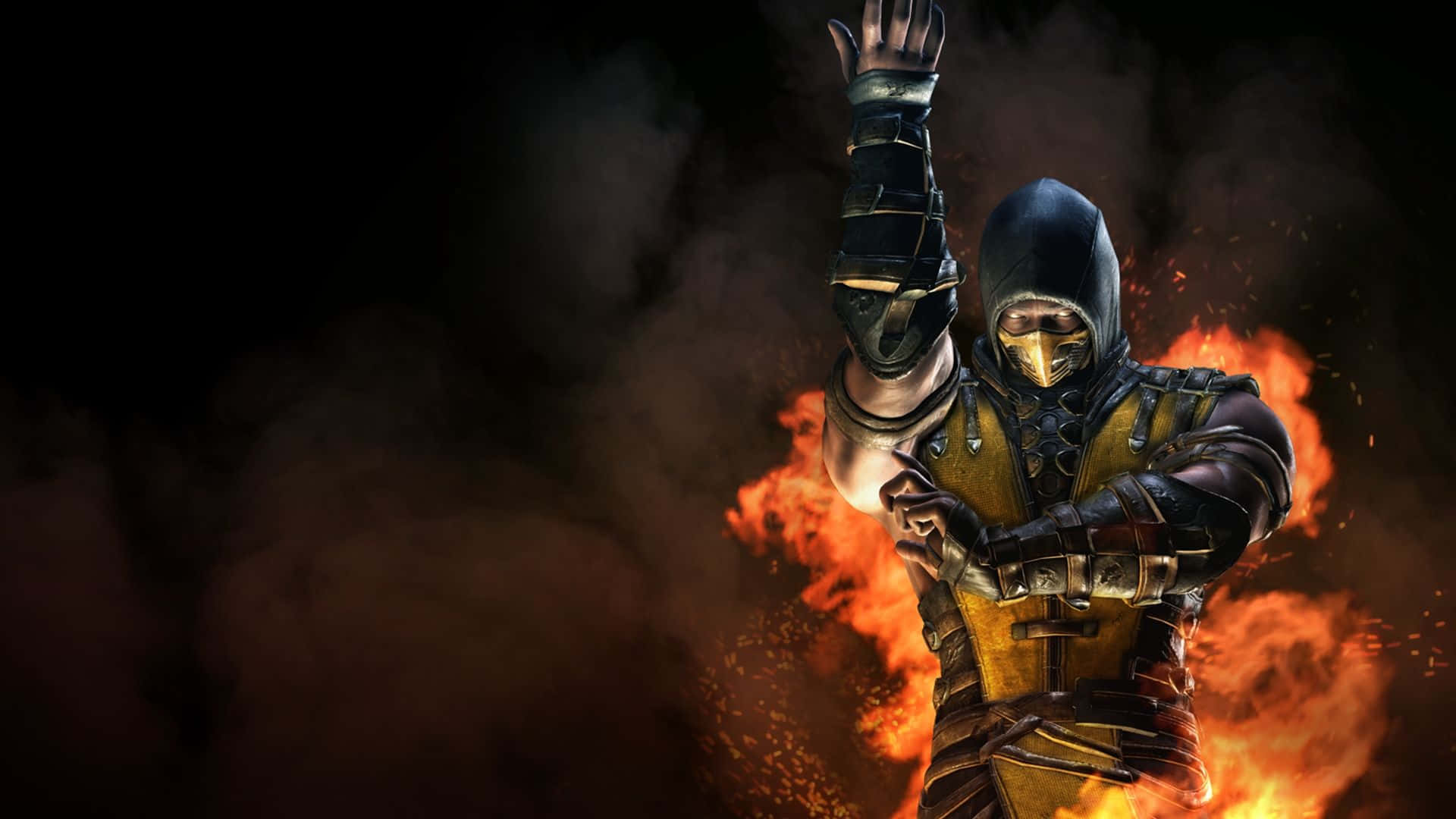 Mortal Kombat Scorpion 桌布 壁紙 — 一名戴面具的戰士身穿金色盔甲，在火焰爆炸和黑煙中舉起拳頭。