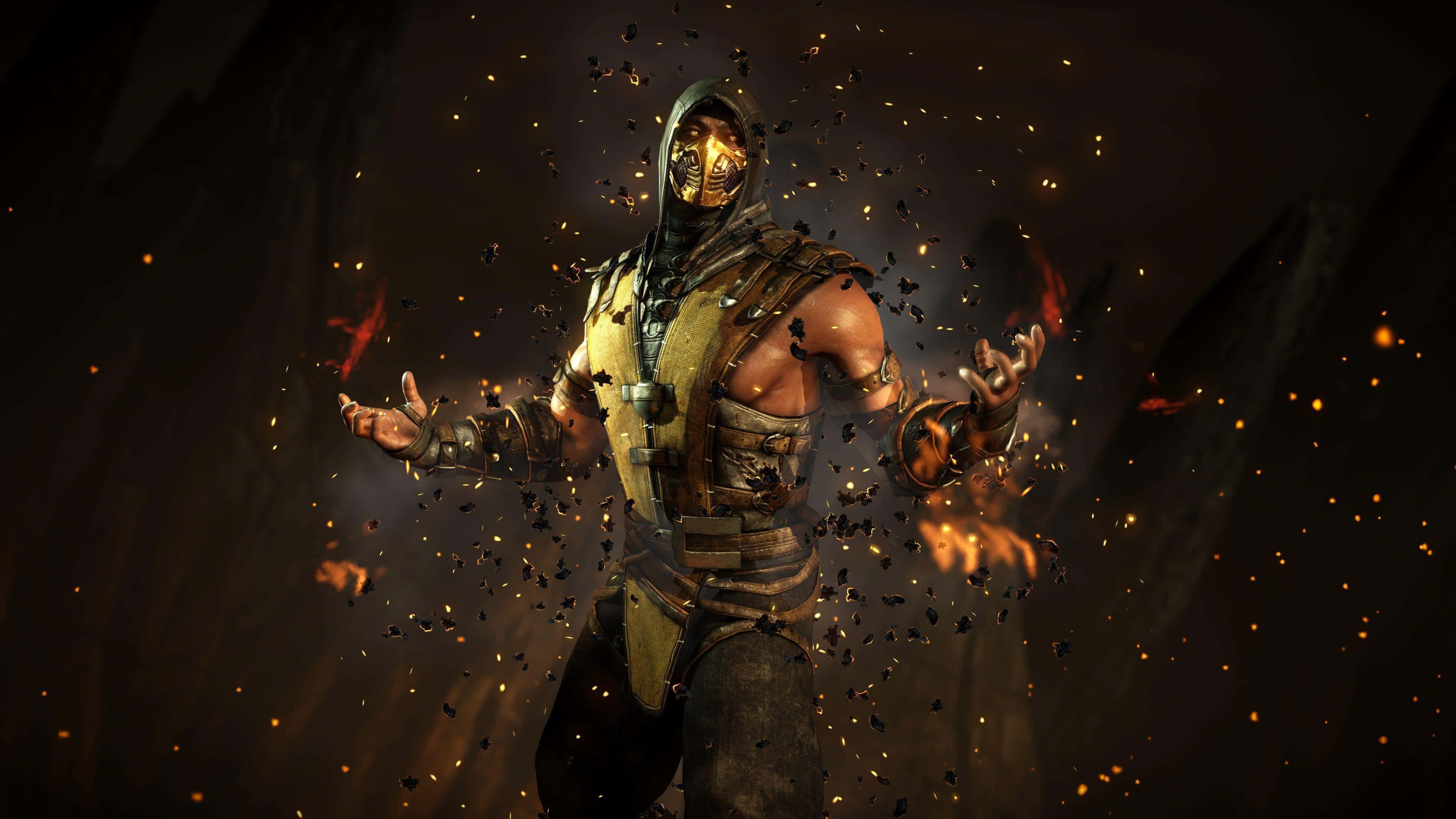Mortal Kombat X 桌布 壁紙 — 一名戴面具的戰士身穿金色盔甲，站在黑暗洞穴般的環境中，周圍飛舞著餘燼和火焰。