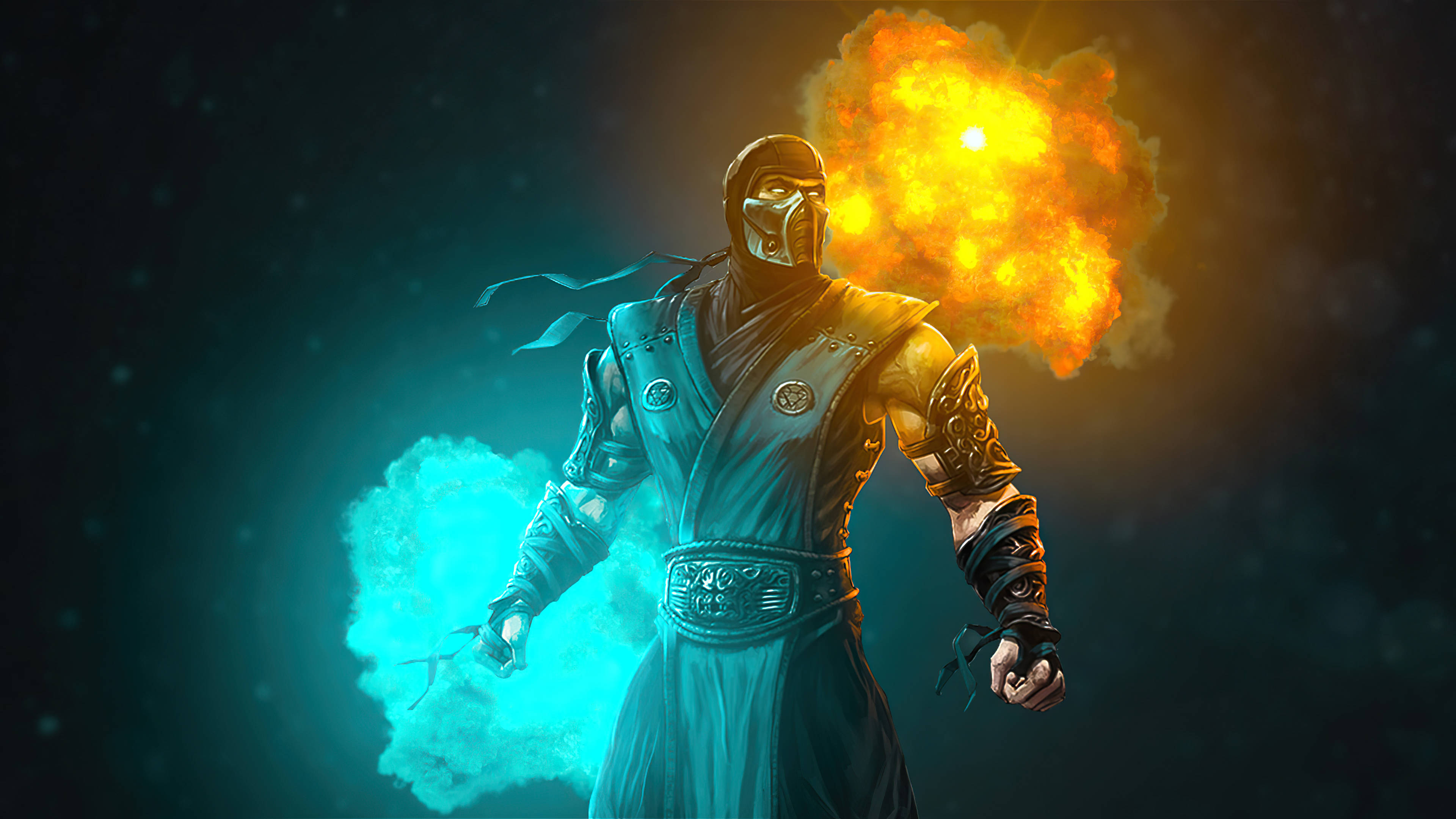 Sub-zero 桌布 壁紙 — 一名戴面具的戰士身穿青綠色盔甲，身後有熾熱爆炸，雙手周圍有冰霧旋轉。