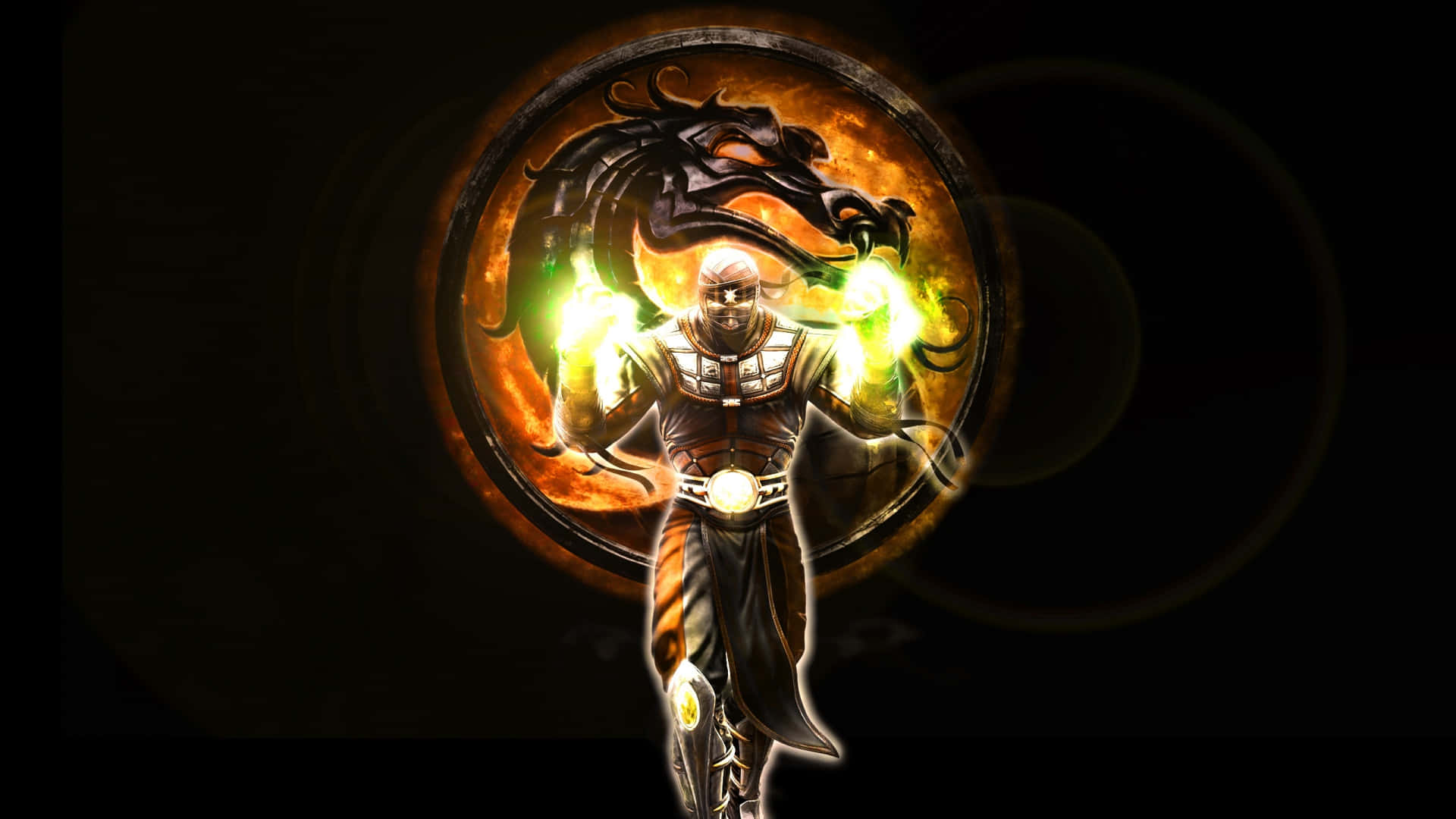 Mortal Kombat Characters 桌布 壁紙 — 一名戴面具的戰士身著華麗盔甲，在熾熱的圓形背景下，引導發光的綠色能量，身後盤繞著一條黑龍。
