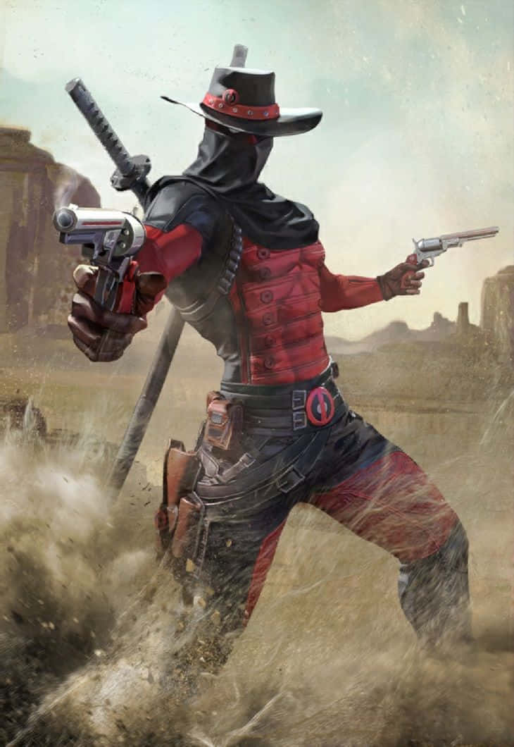 Deadpool Cartoon 桌布 壁紙 — 一名戴面具的槍手身穿紅黑盔甲，手持兩把手槍和一把武士刀，在塵土飛揚的沙漠荒原中衝鋒。