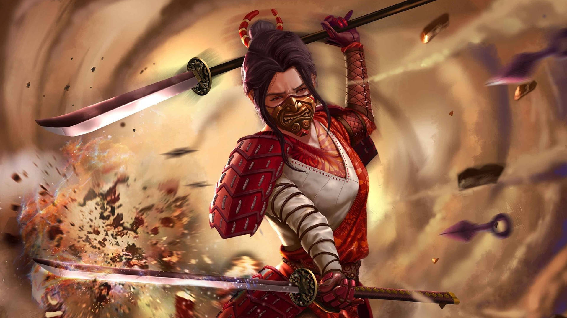Anime Samurai 桌布 壁紙 — 一名戴面具的武士戰士身穿紅色盔甲，在旋轉的金色戰場上揮舞兩把劍，進行爆炸性戰鬥。