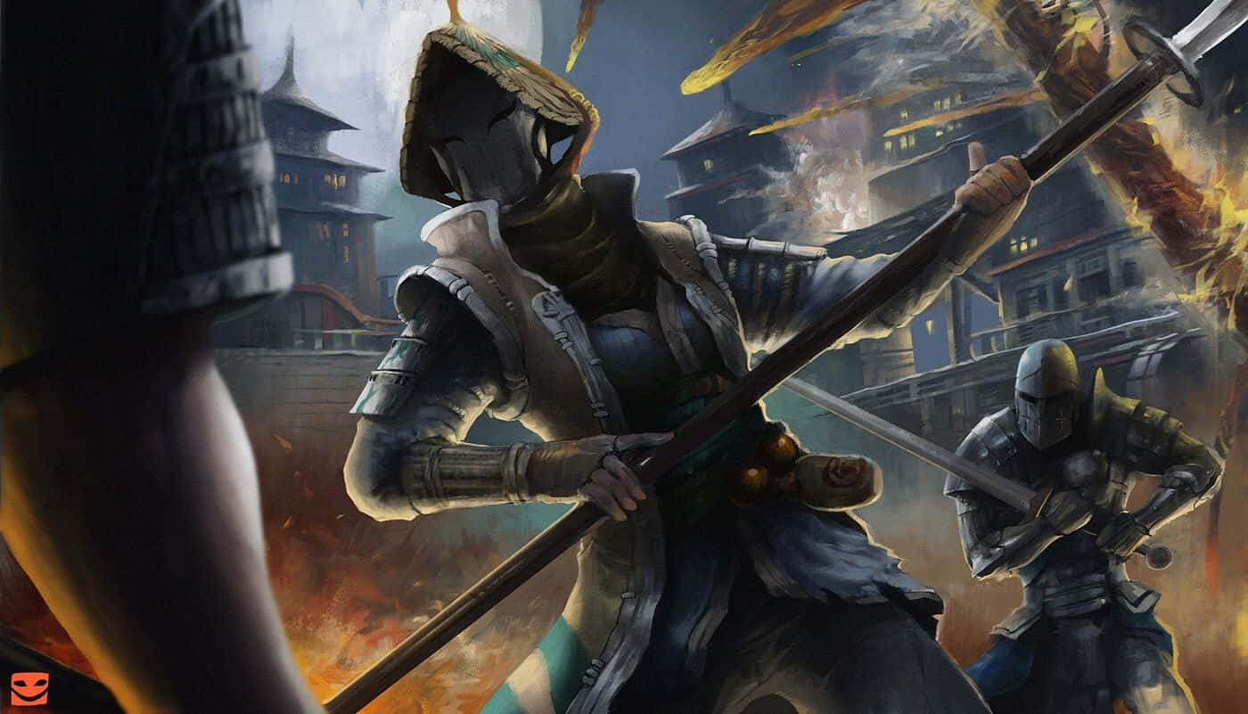 Female Samurai For Honor 桌布 壁紙 — 一名戴面具的武士穿著盔甲，在夜晚燃燒的日本城堡中揮舞著火焰長柄武器對抗裝甲敵人。