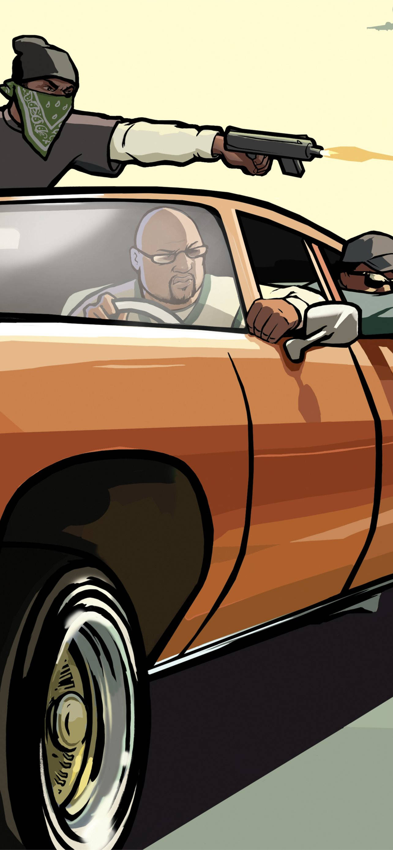 gta iPhone 桌布 壁紙 — 一名戴面具的武裝男子在緊張的街頭追逐中，向一輛橙色經典汽車的司機開槍。
