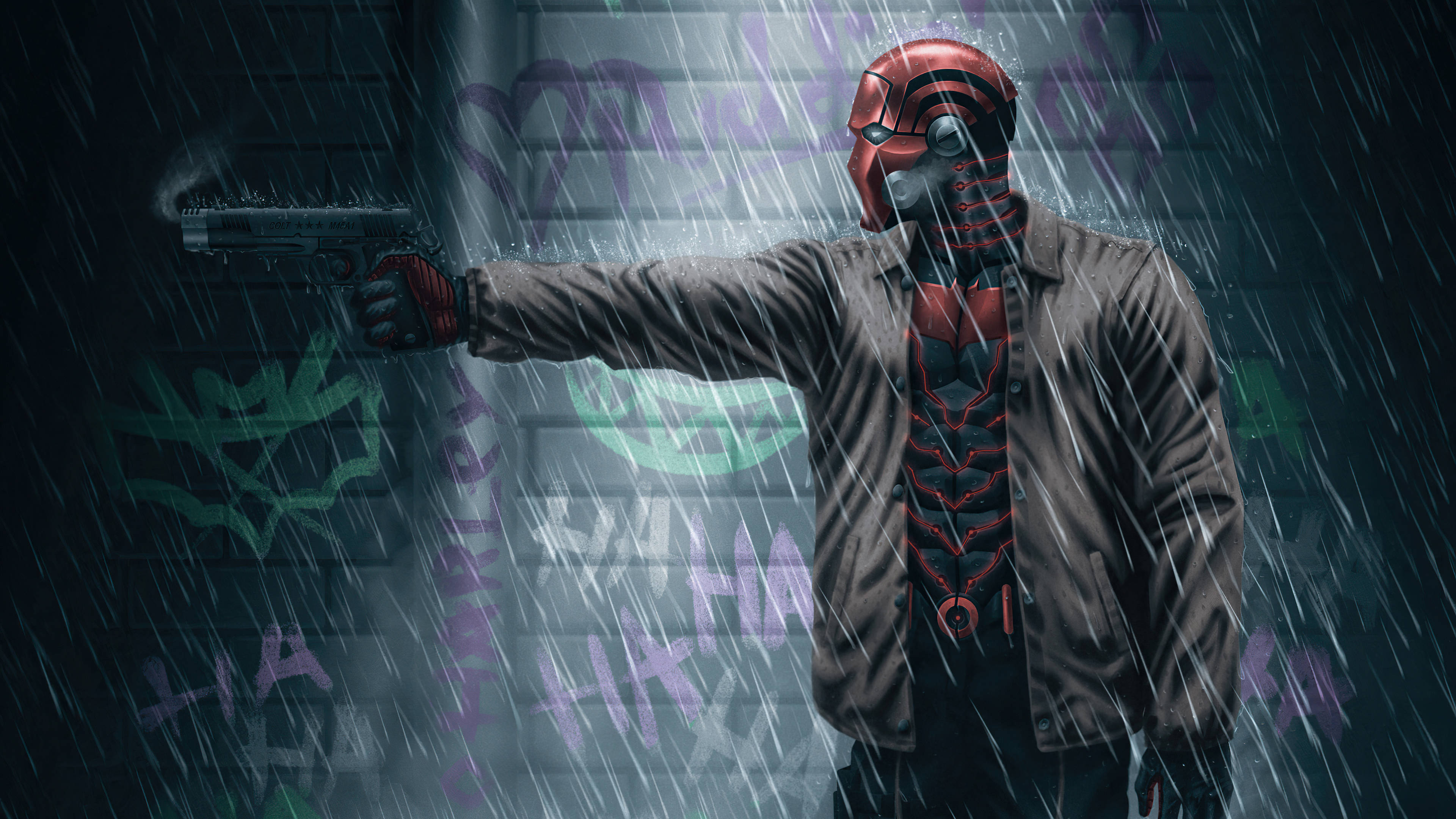 Comics 桌布 壁紙 — 一名戴面具的義警，身穿紅色西裝和風衣，在大雨中向一面佈滿塗鴉的磚牆瞄準手槍。