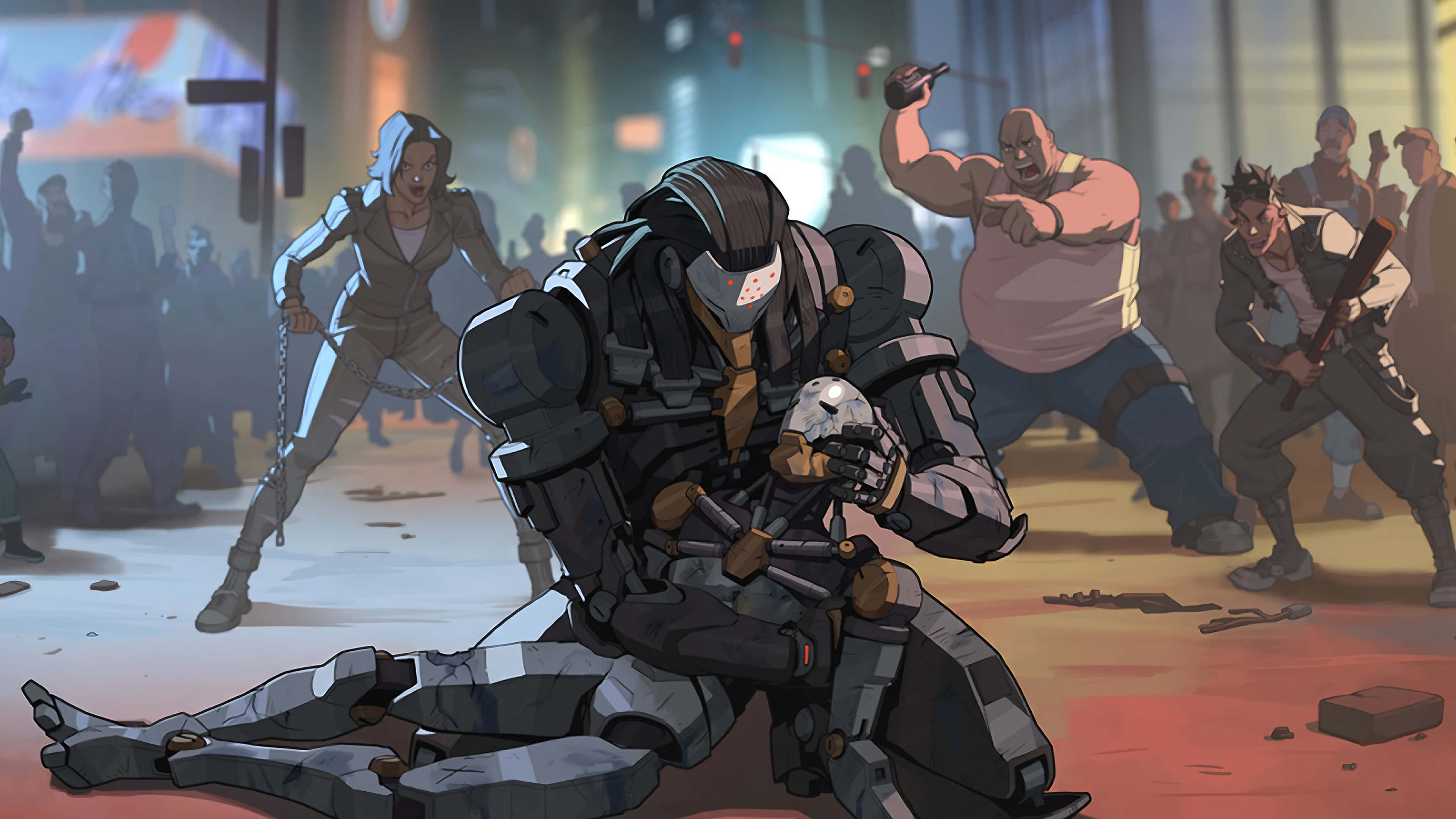 Overwatch Heroes 桌布 壁紙 — 一名戴面具的裝甲戰士跪著手持頭骨，身處混亂街頭打鬥中，面對多名武裝對手。