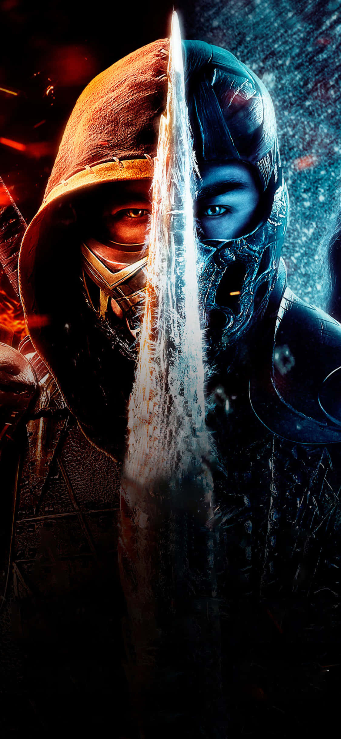Mortal Kombat iPhone 桌布 壁紙 — 一名戴頭巾的戰士和一名戴面具的戰士對峙，一把發光的劍將他們的臉龐分割，背景是熾熱和冰冷的。
