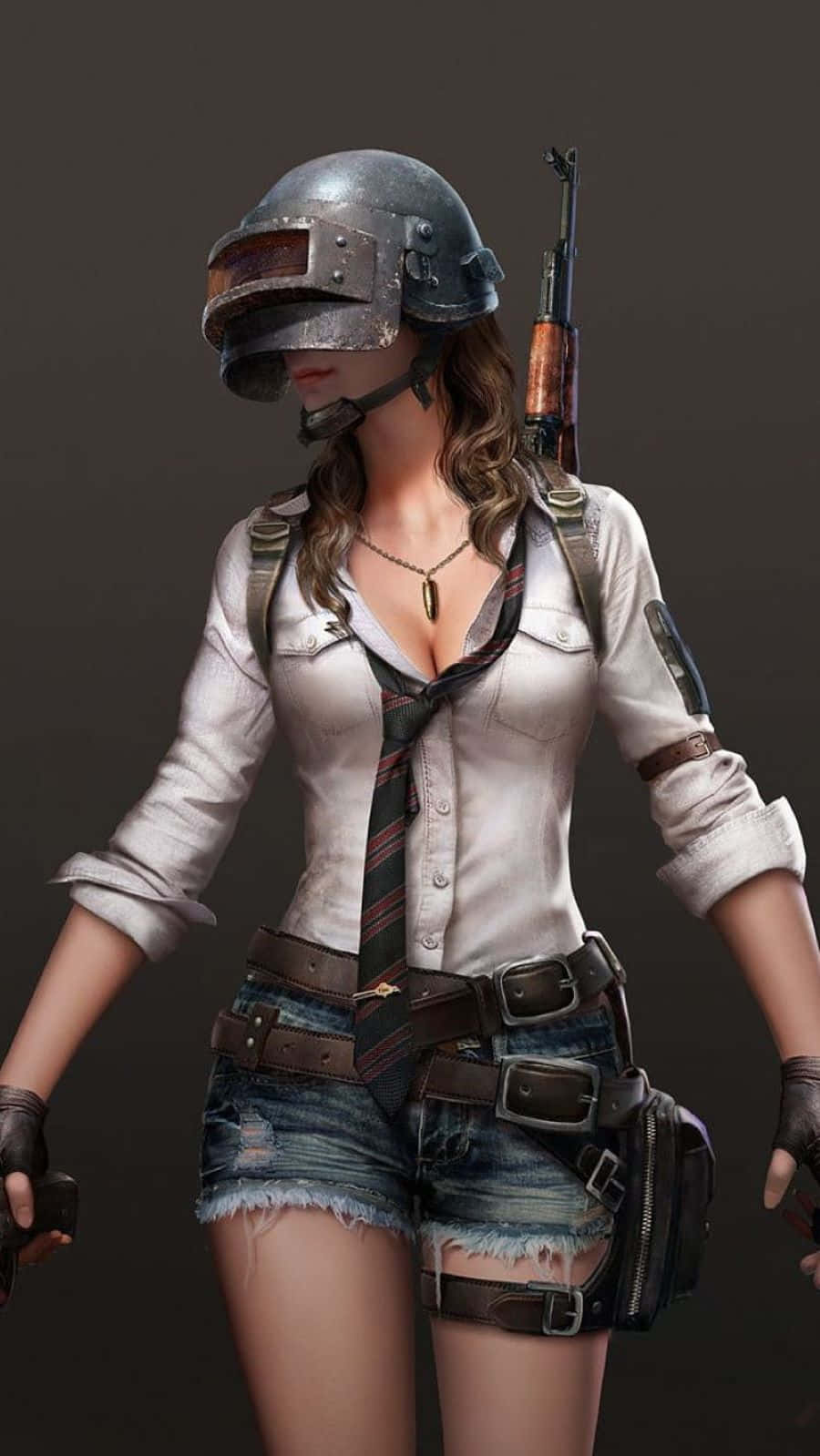 pubg mobile 桌布 壁紙 — 一名戴頭盔、身穿戰鬥裝備的女兵在黑暗背景中自信地站立，步槍掛在肩上。