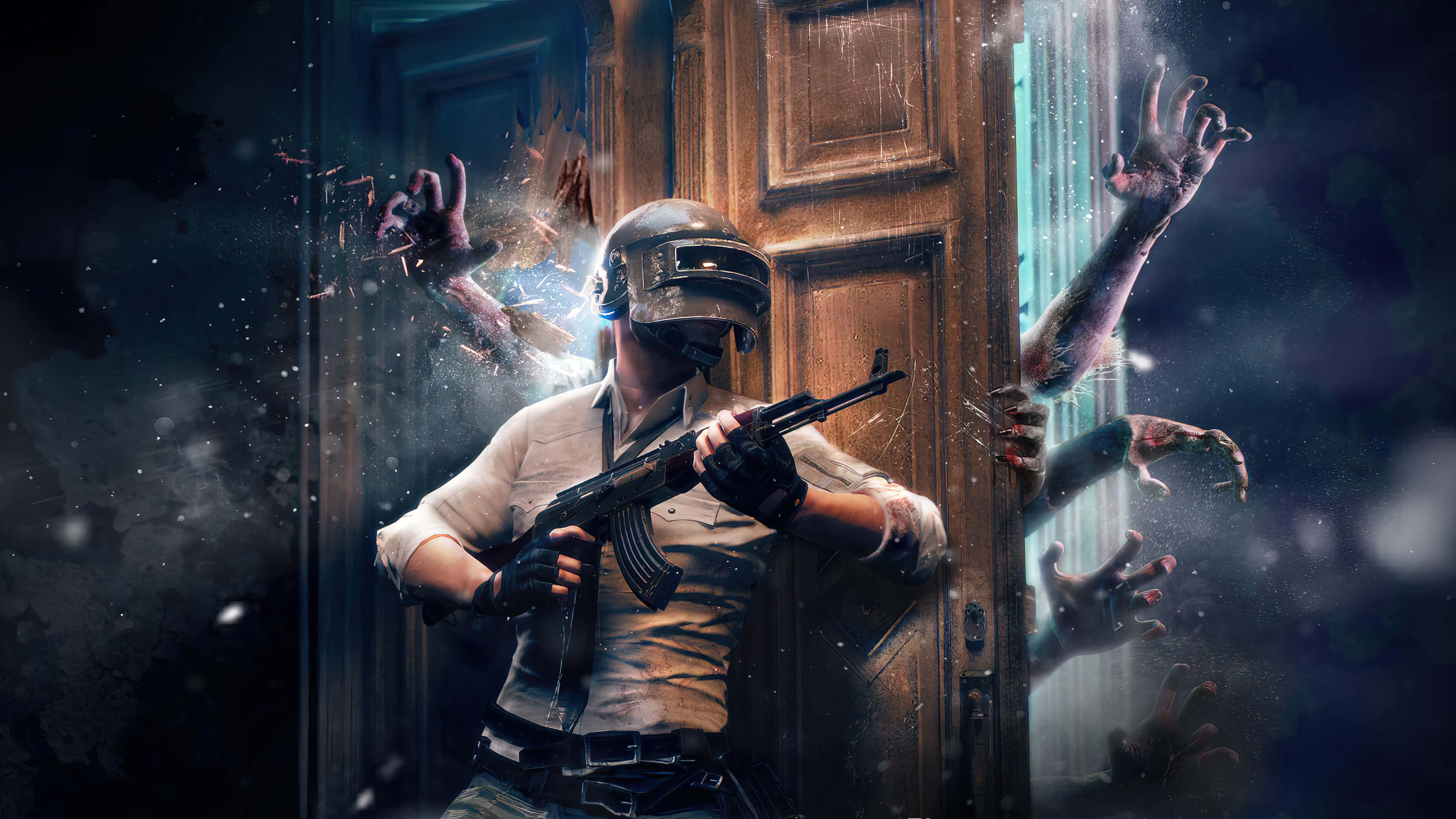 Fps 桌布 壁紙 — 一名戴頭盔和手套的士兵用步槍瞄準木門，殭屍手在黑暗暴風雨中破門而出。