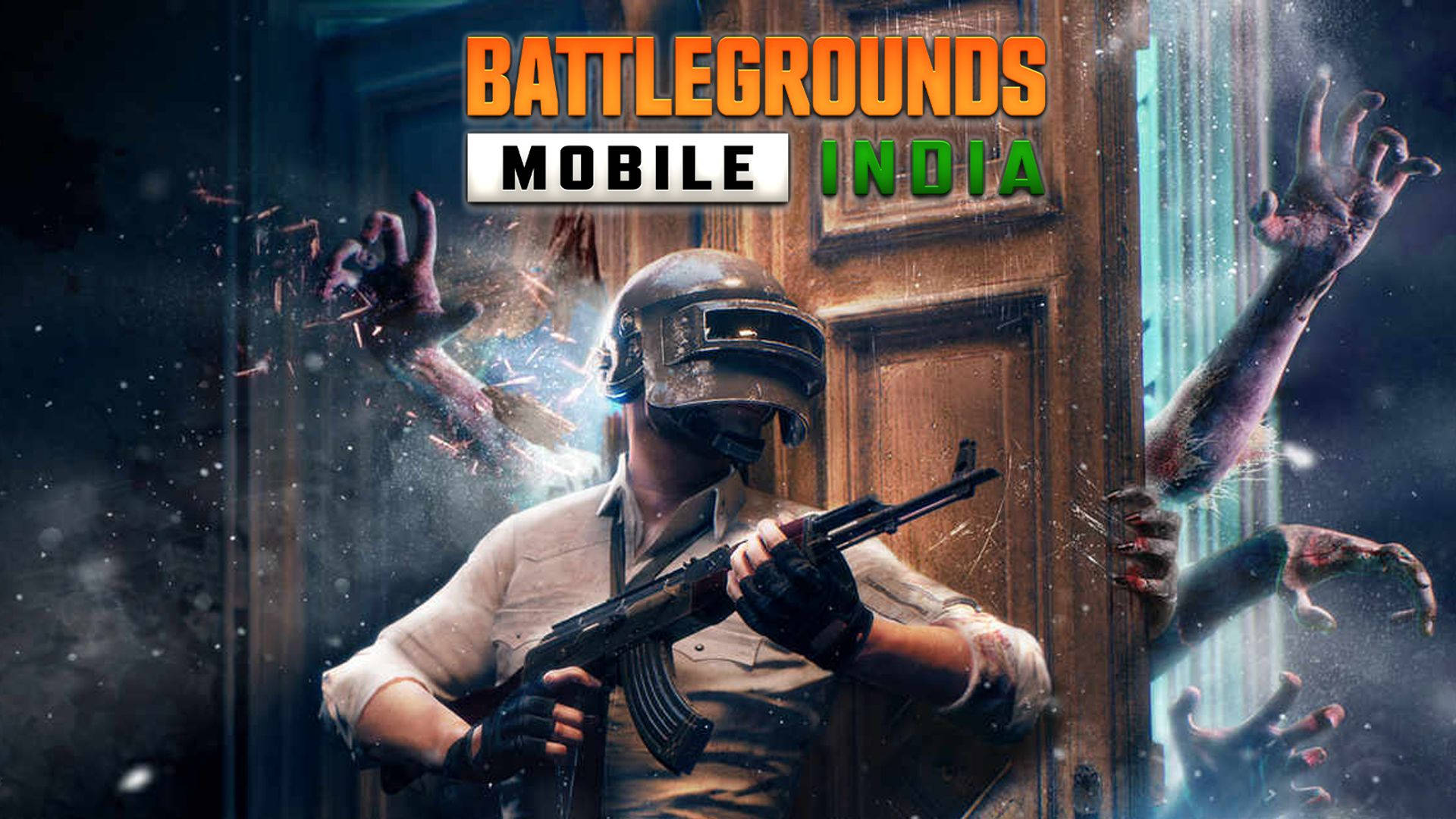 battleground india 桌布 壁紙 — 一名戴頭盔和手套的士兵瞄準步槍，殭屍手穿過木門，場景黑暗粗糙。