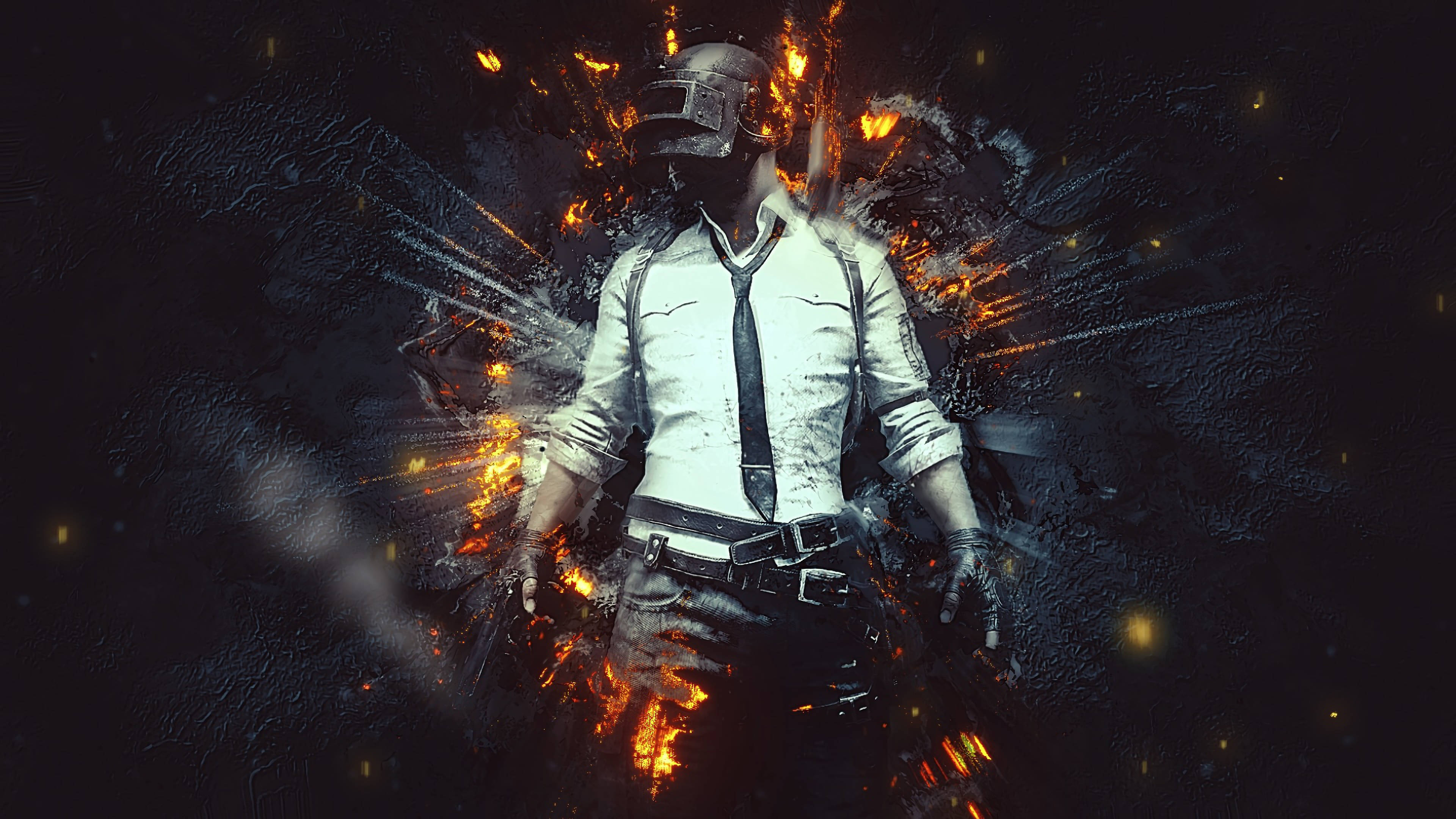 pubg mobile 桌布 壁紙 — 一名戴頭盔和領帶的士兵在深色紋理背景上爆發出熾熱的火花。