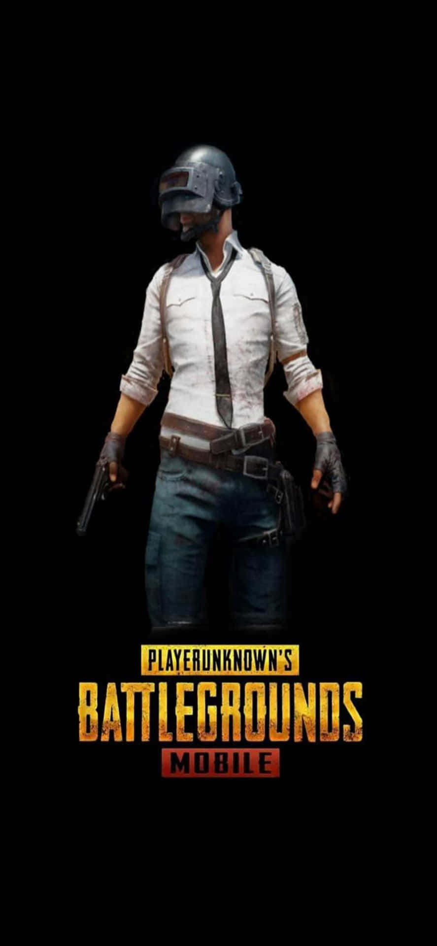 iPhone X Playerunknown's Battlegrounds 桌布 壁紙 — 一名戴頭盔和領帶的士兵在黑色背景前手持手槍，下方有PUBG Mobile標誌。