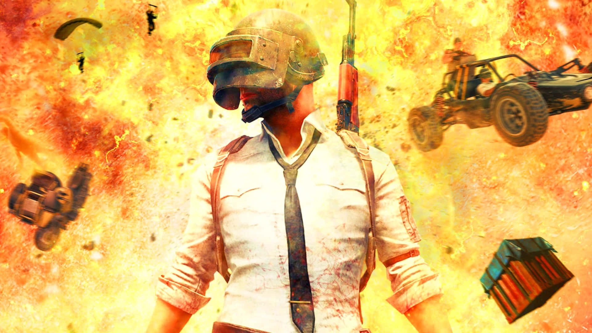 Best Gaming 桌布 壁紙 — 一名戴頭盔和領帶的士兵站在火熱的爆炸中，周圍有降落傘和沙灘車飛過。
