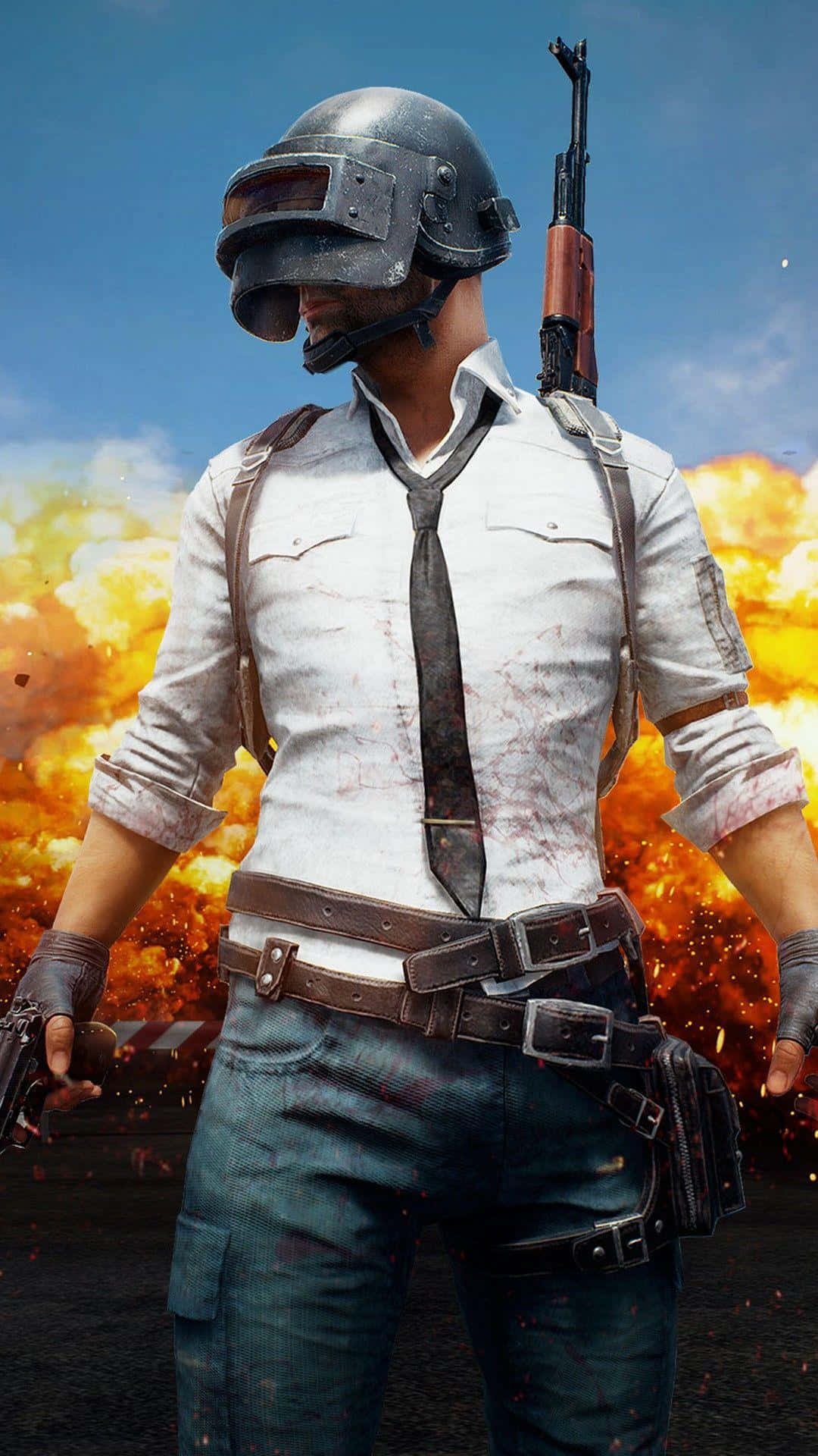 video games 桌布 壁紙 — 一名戴頭盔和領帶的士兵站在猛烈爆炸中，手持步槍和手槍。