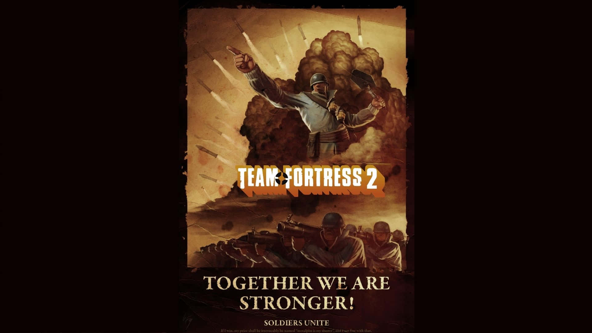 1920x1080 Tf2 桌布 壁紙 — 一名戴頭盔的士兵在爆炸中向上指，同袍在下方推進，呈現一幅粗獷的戰爭海報。