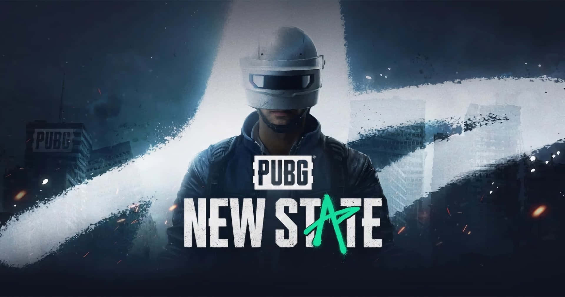 Pubg Logo 桌布 壁紙 — 一名戴頭盔的士兵站在黑暗的城市背景下，伴隨著發光的火花和 PUBG New State 標誌。