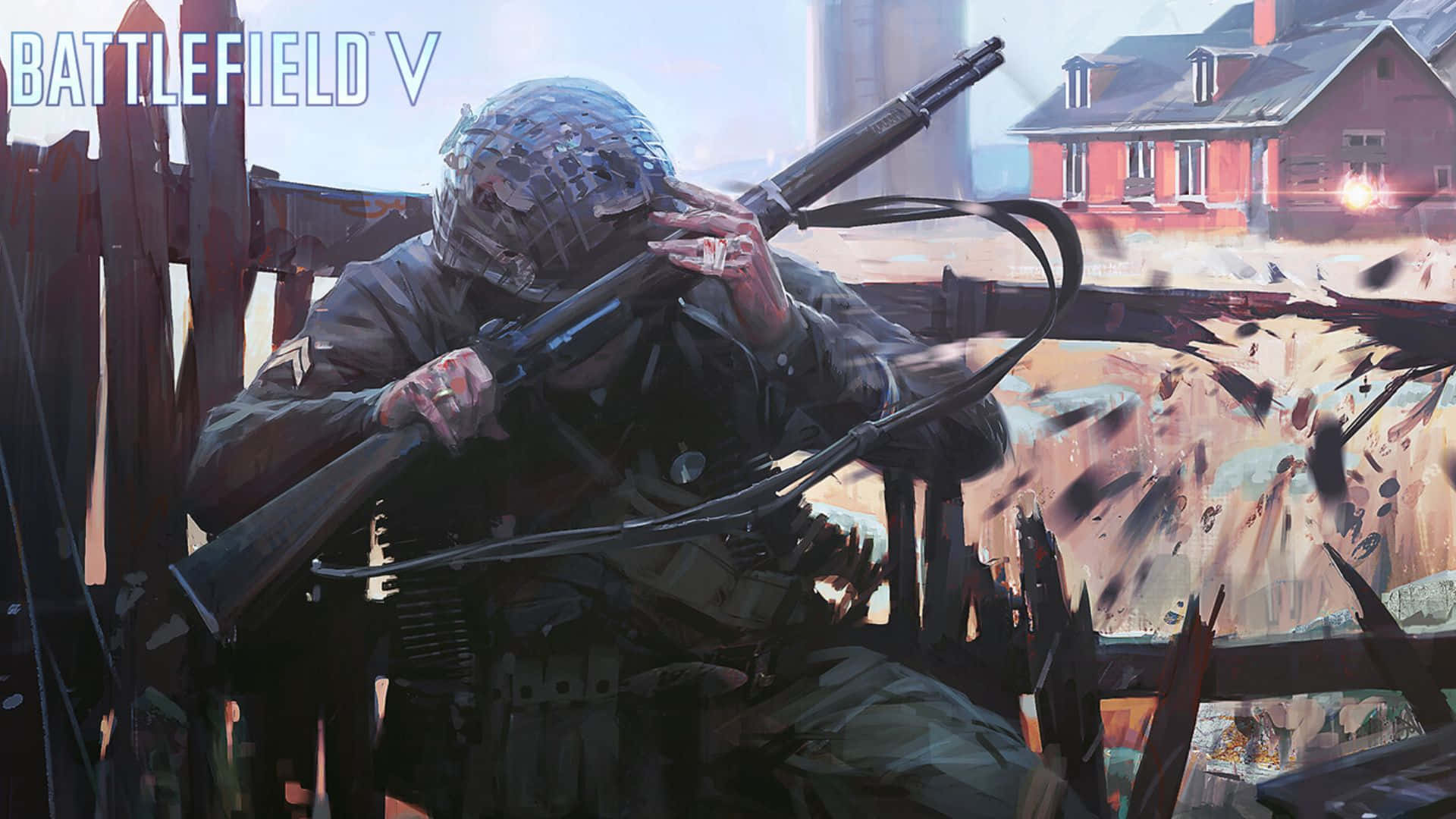 1080p Battlefield V 桌布 壁紙 — 一名戴頭盔的士兵躲在木製路障後面，而爆炸震動了他身後飽受戰爭蹂躪的村莊。