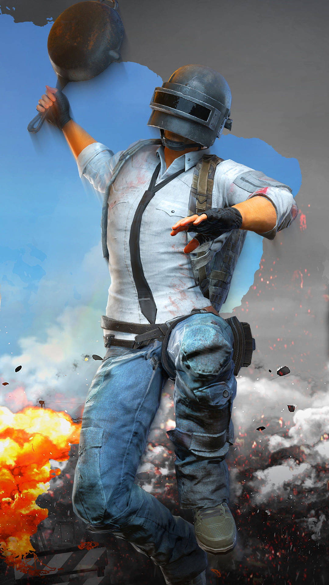 戴頭盔的士兵在火焰爆炸和碎片中手持平底鍋跳躍。 — PUBG 4K 壁紙 壁紙