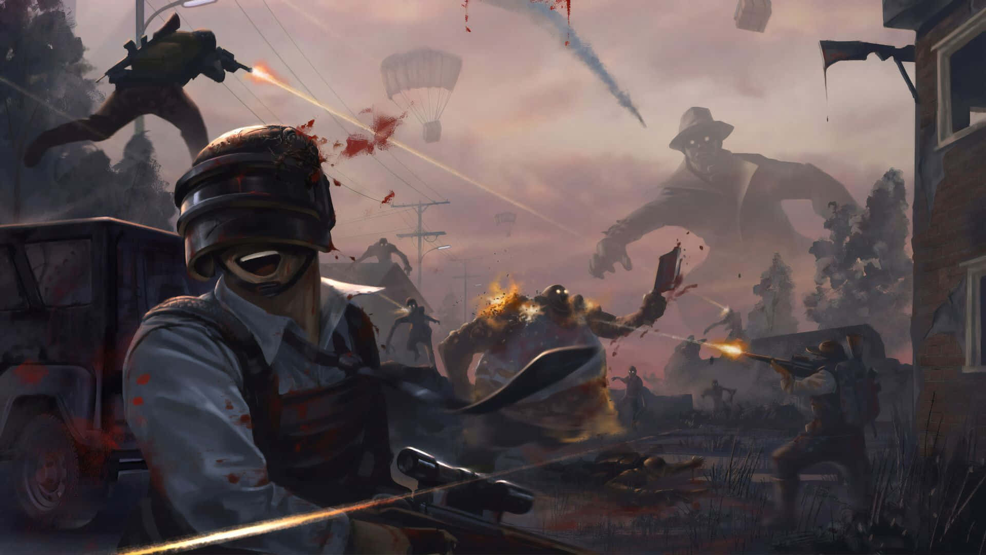 video games 桌布 壁紙 — 一名戴頭盔穿背心的士兵在煙霧瀰漫的夕陽下，於混亂的城市戰中發射步槍，周圍有爆炸、殭屍和降落傘。