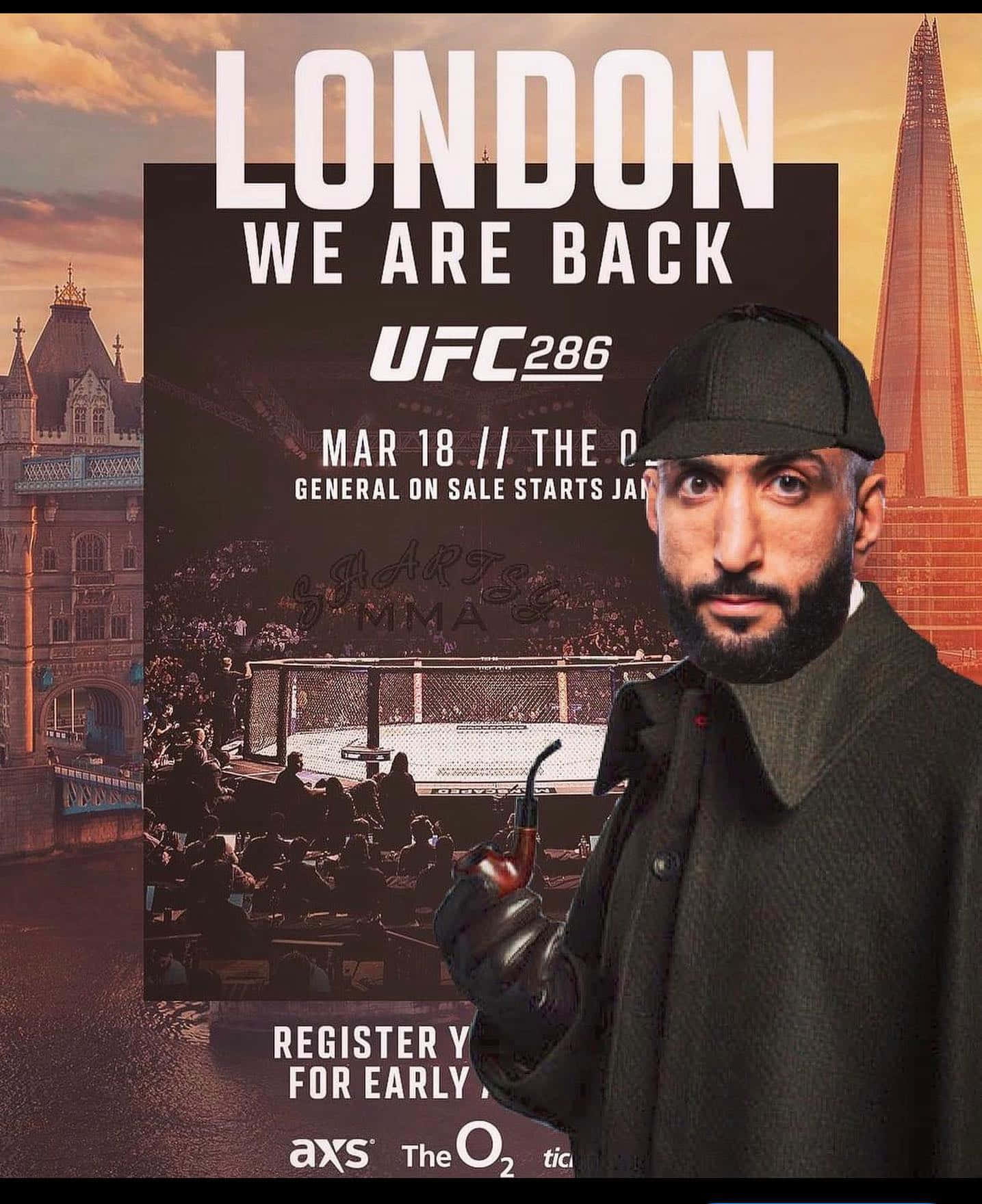 UFC 桌布 壁紙 — 一名戴黑色鴨舌帽和穿黑色外套的男子，在倫敦塔橋和碎片大廈背景下，將煙斗靠在UFC 286的宣傳海報上。