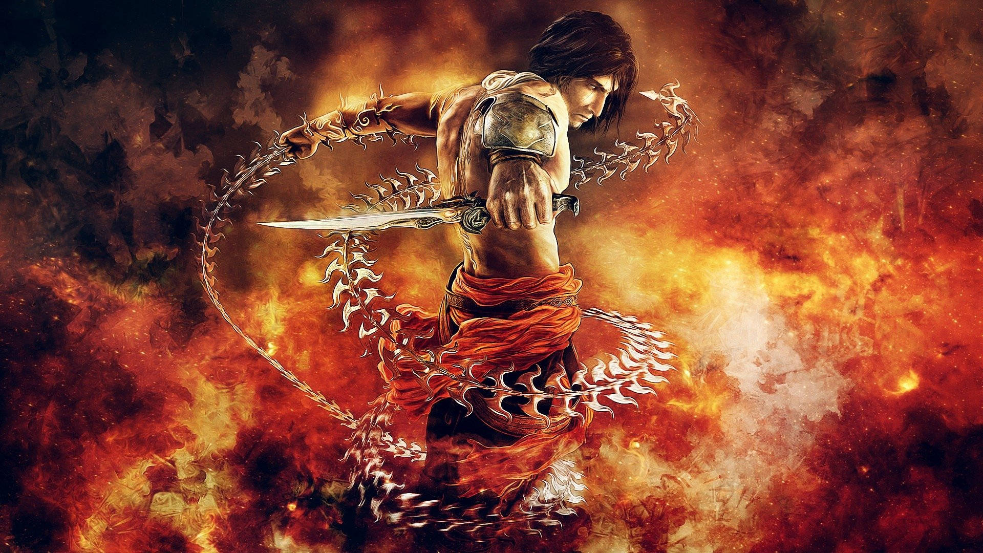 Persia 桌布 壁紙 — 一名手持帶刺鏈條武器的戰士，站在旋轉的火焰中，呈現出一場熾熱而戲劇性的戰鬥場景。