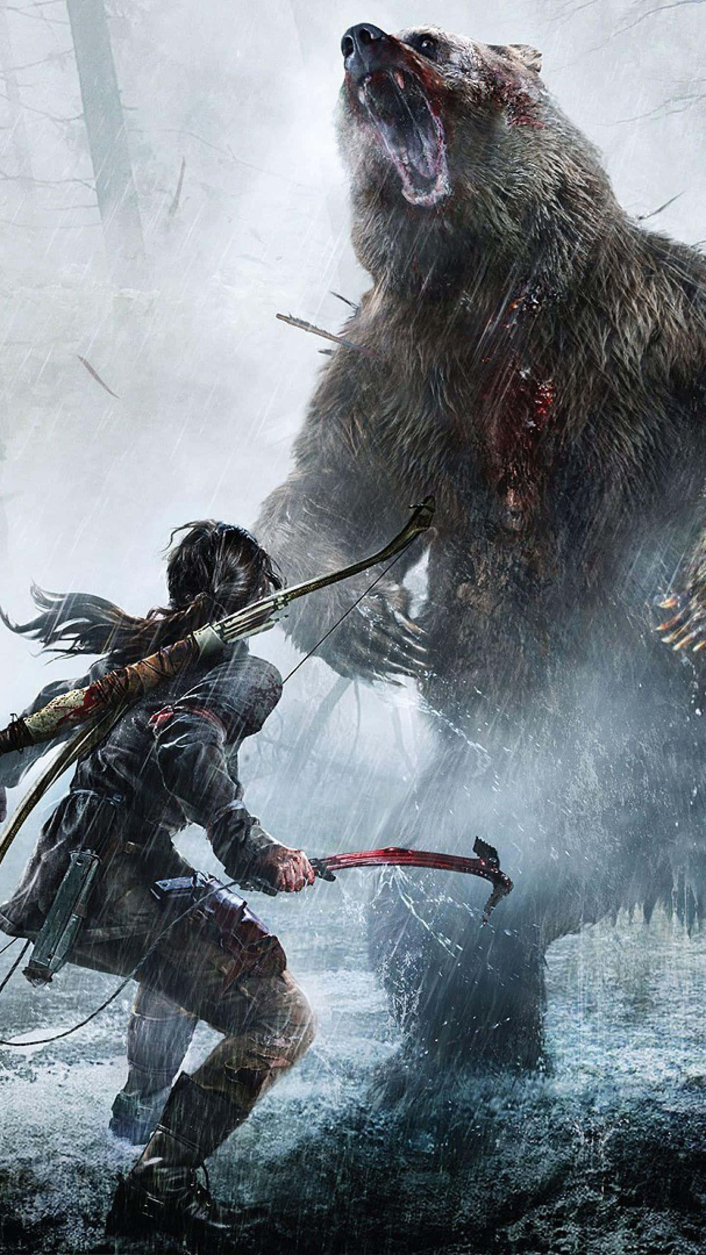Pixel 3 Shadow Of The Tomb Raider 桌布 壁紙 — 一名手持弓箭和斧頭的戰士，在風雪交加的森林中面對一頭巨大的血熊。