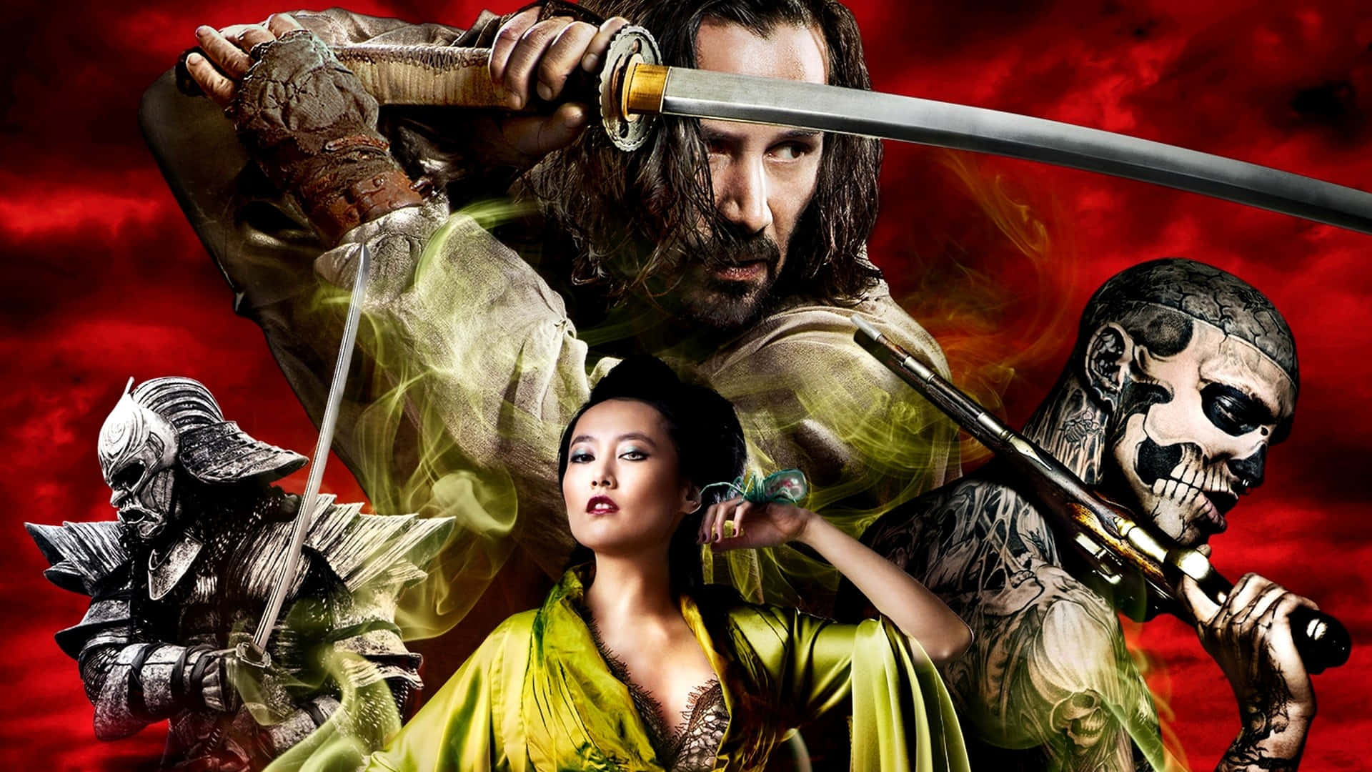 47 Ronin 桌布 壁紙 — 一名手持武士刀的戰士站在一名身穿綠色長袍的女子上方，一個骷髏臉刺客和一個身穿盔甲的武士在火紅的背景中夾擊他們。