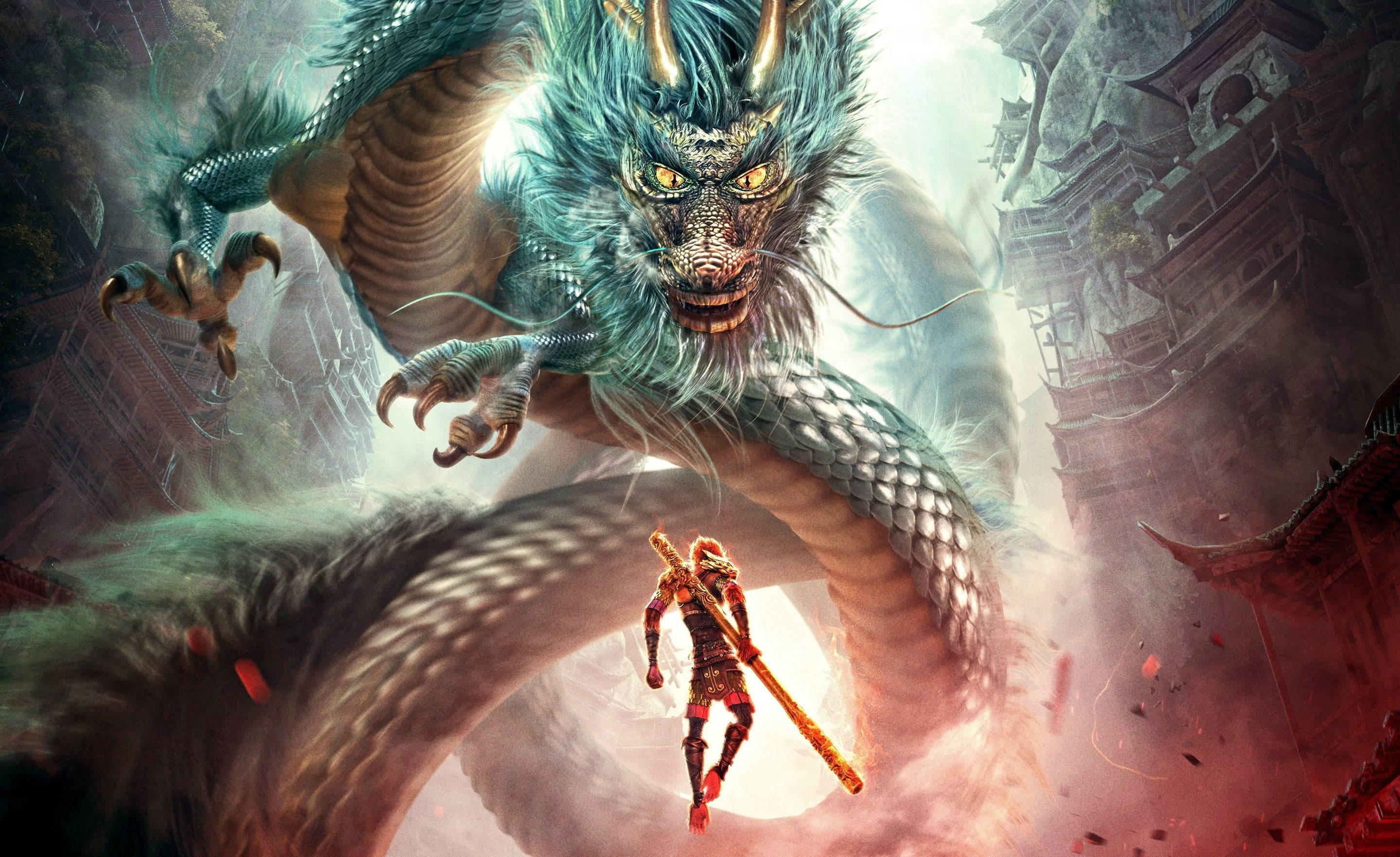 青龍 桌布 壁紙 — 一名手持火焰法杖的戰士，在崩塌的古代中國建築中對峙著一隻巨大的藍綠色巨龍。