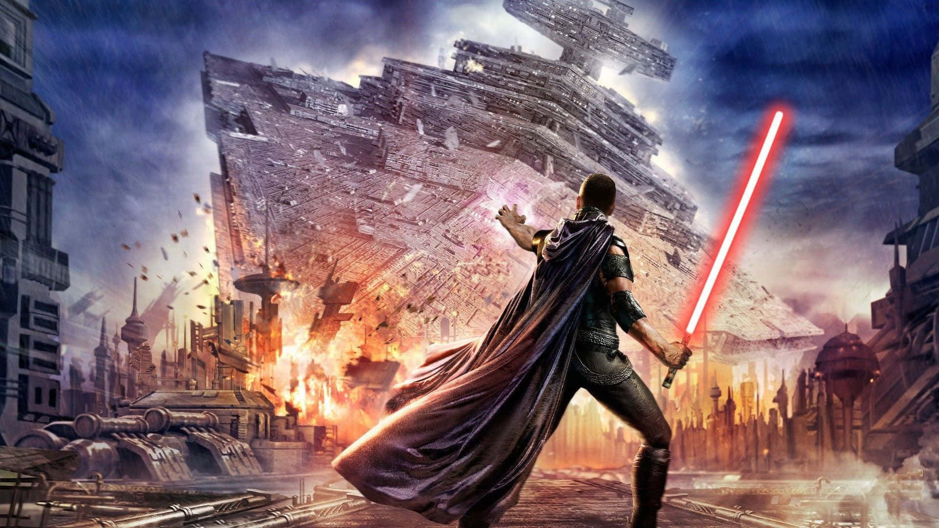 Sci Fi Games 桌布 壁紙 — 一名手持紅色光劍的戰士挑釁地站立，而一艘巨大的星際毀滅者墜入燃燒的城市景觀中。