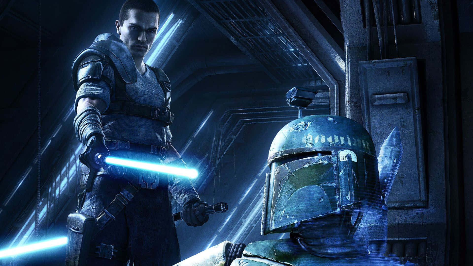 The War Of The Bounty Hunters 桌布 壁紙 — 一名手持藍色光劍的戰士，在昏暗的未來風格走廊中與一名戴面具的賞金獵人對峙。