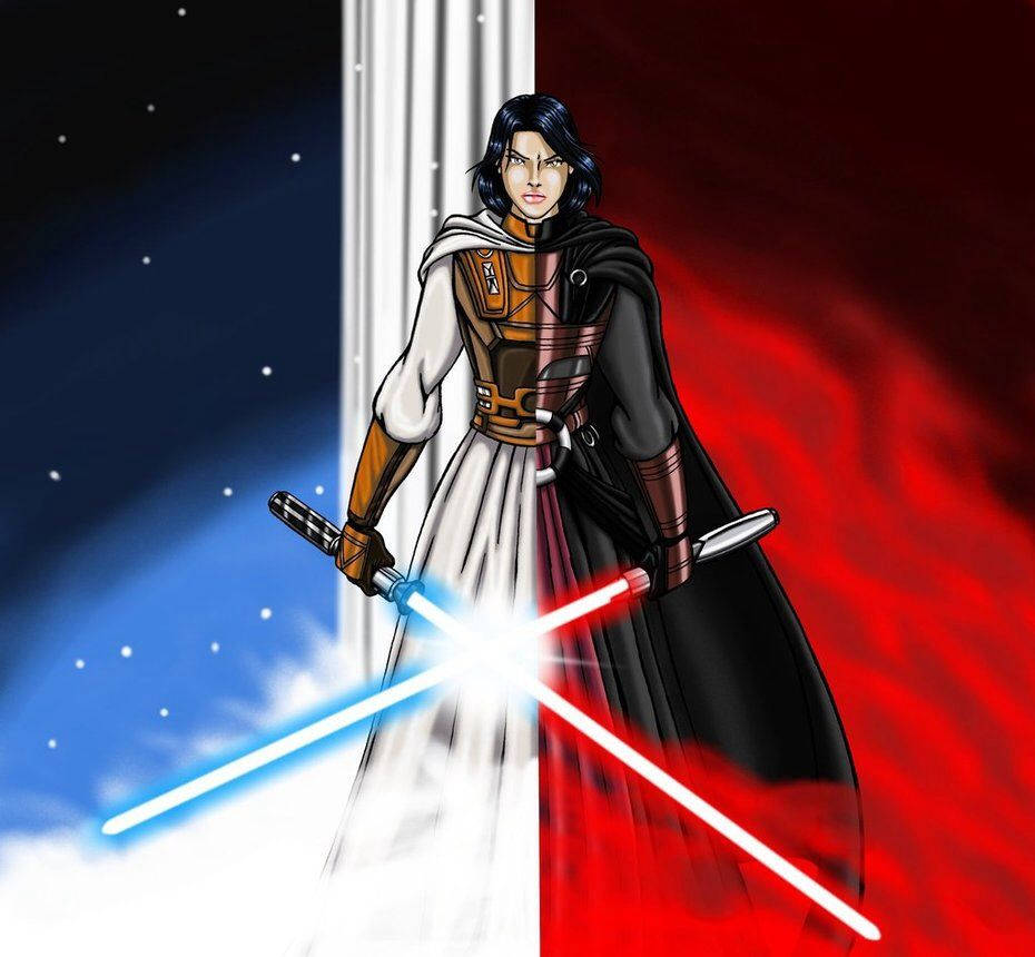 Revan 桌布 壁紙 — 一名手持雙光劍的戰士站在藍色和紅色宇宙背景之間，背景有星星。