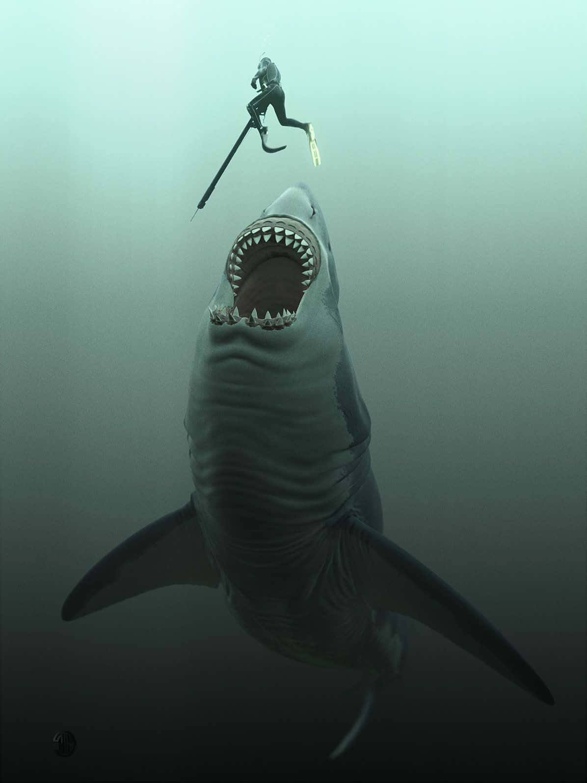 Megalodon 桌布 壁紙 — 一名手持魚槍的潛水員在渾濁的海洋深處與一條巨大的大白鯊對峙。