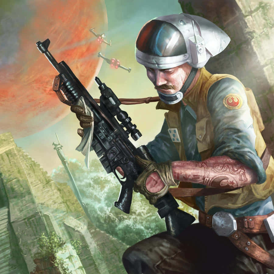 Blaster Rifles 桌布 壁紙 — 一名手臂有刺青的反抗軍士兵在紅色行星天空下的峽谷景觀中瞄準爆能步槍。