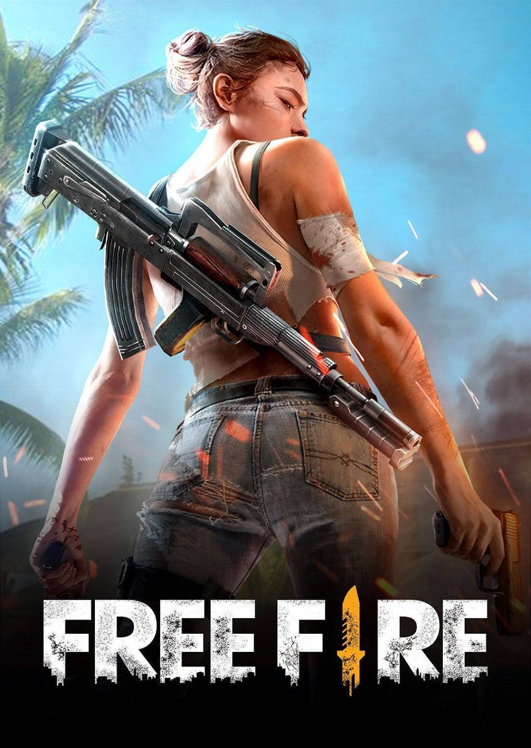 Free Fire 標誌 桌布 壁紙 — 一名手臂纏著繃帶的女兵，在明亮的藍天下穿過熱帶戰場，手持步槍。