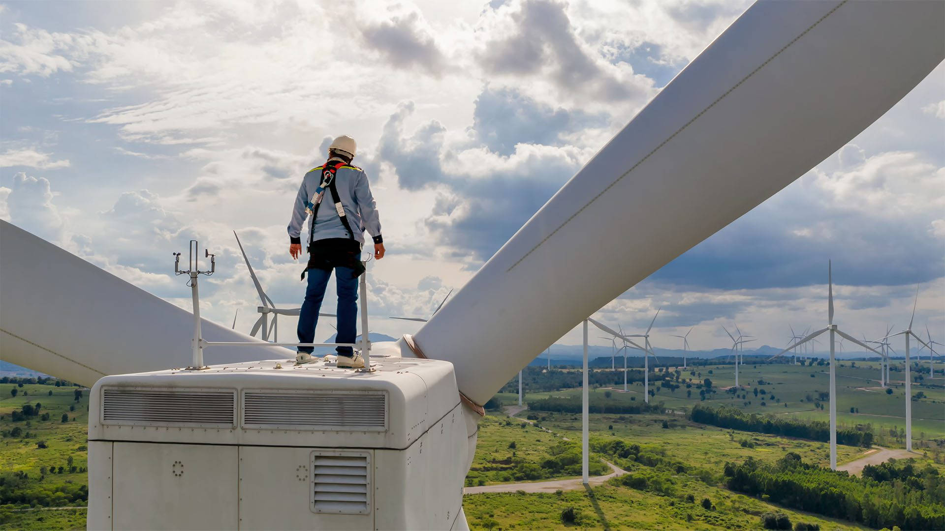 engineering 桌布 壁紙 — 一名技術員站在風力渦輪機頂部，俯瞰著陰雲天空下廣闊的渦輪機群。